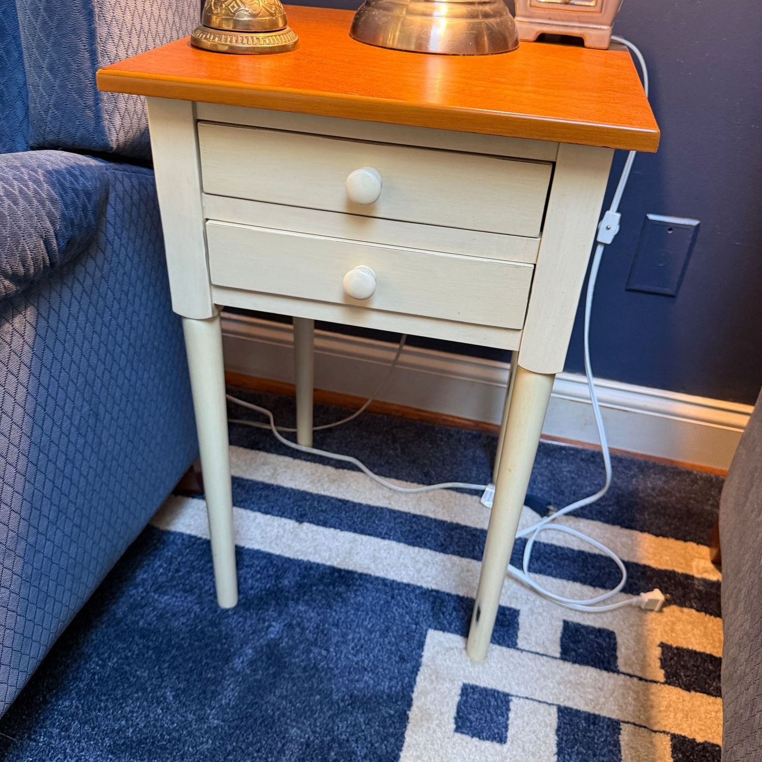 Soft white side table with maple color top and 2 drawers, minor scratches 24"H x 14"W