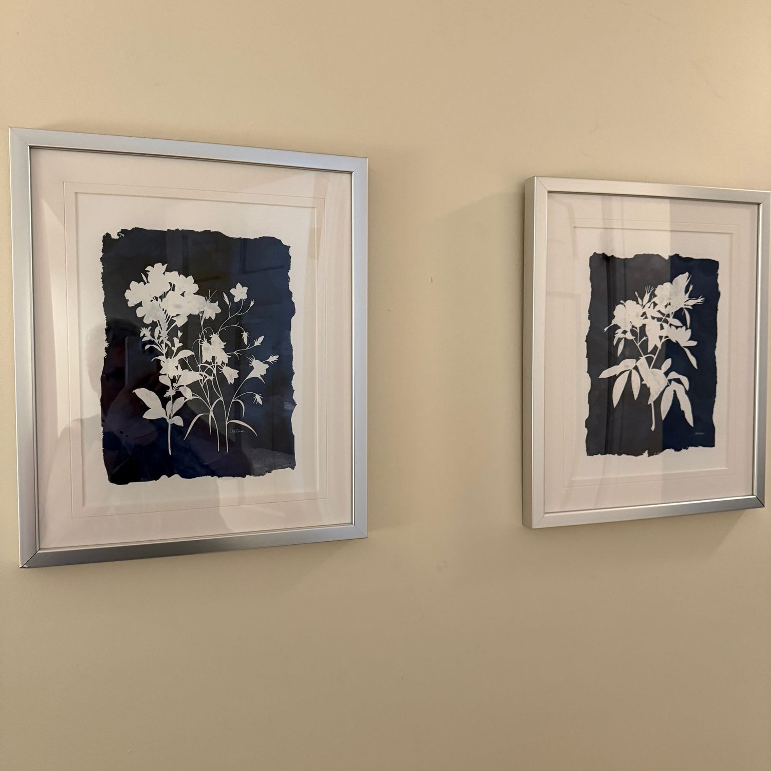 Navy and white Carol Robinson floral prints in silver frame 19" x 16"
