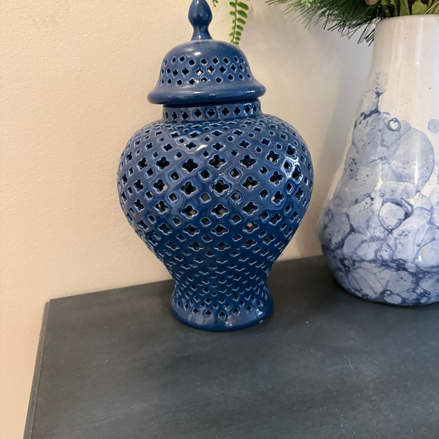 Blue ceramic jar with pierced sides 10"H