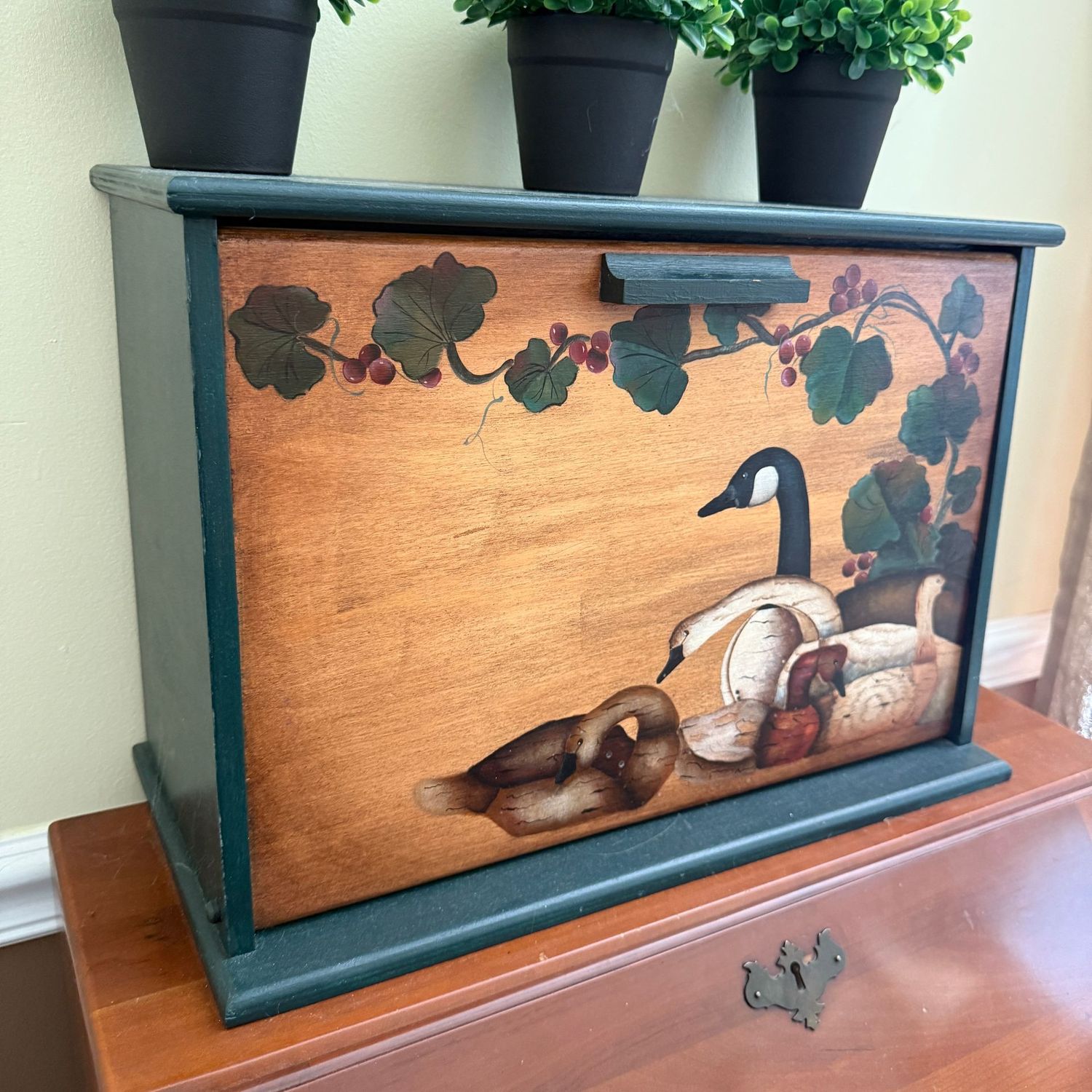 Painted wood cupboard with geese, drop front with shelf inside 12"H x 9"D x 14"L