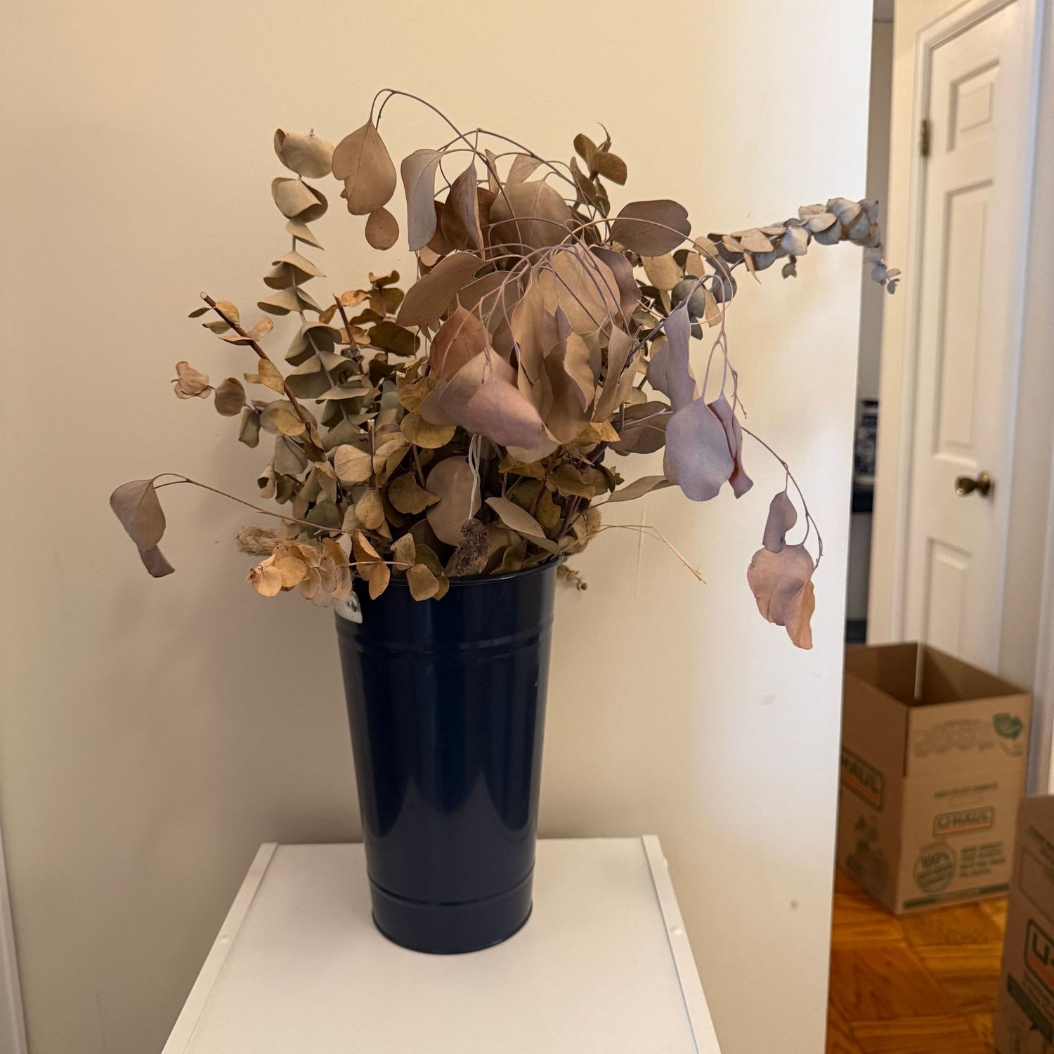 Tall metal bucket vase 11"H with arrangement