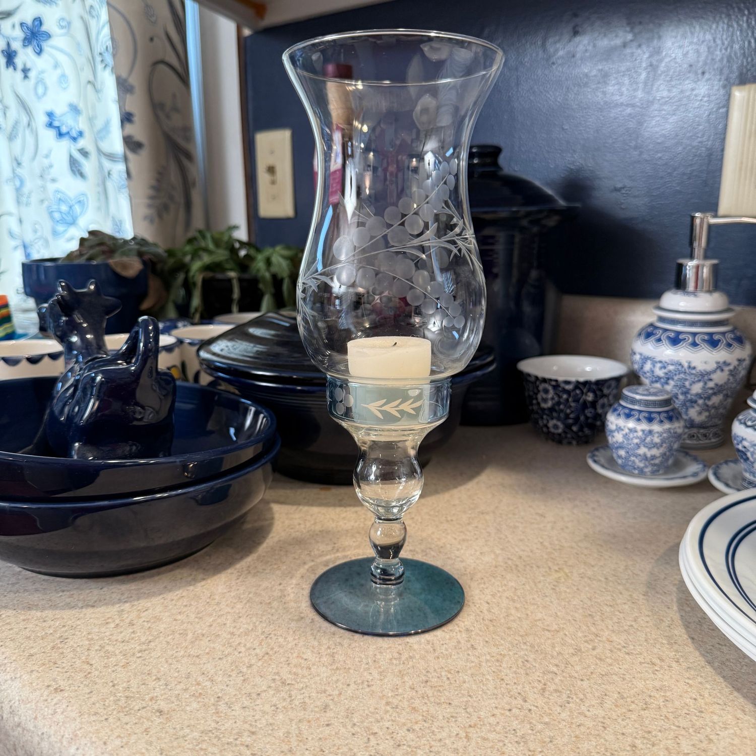 Etched clear and blue candle holder (2-piece) 10"H