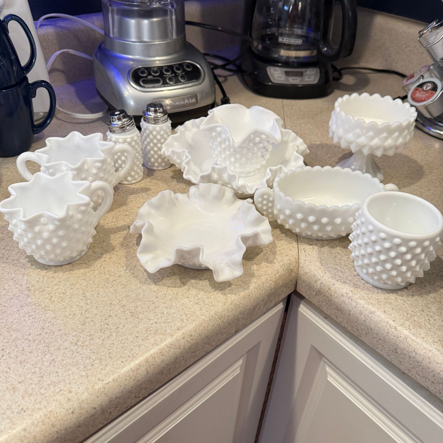 Hobnail milk glass sugar, creamer, bowls