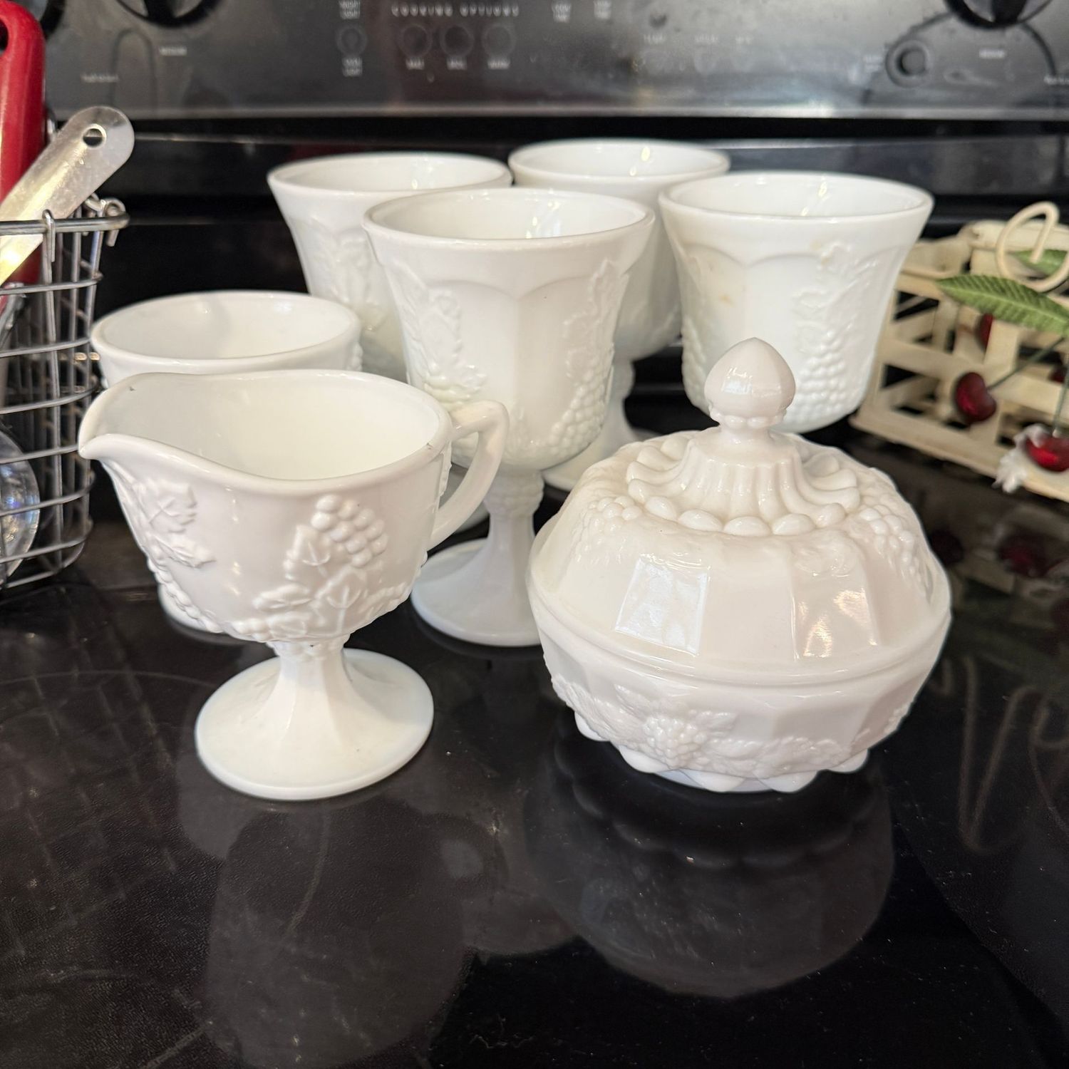 Grapes pattern sugar, creamer and stemware