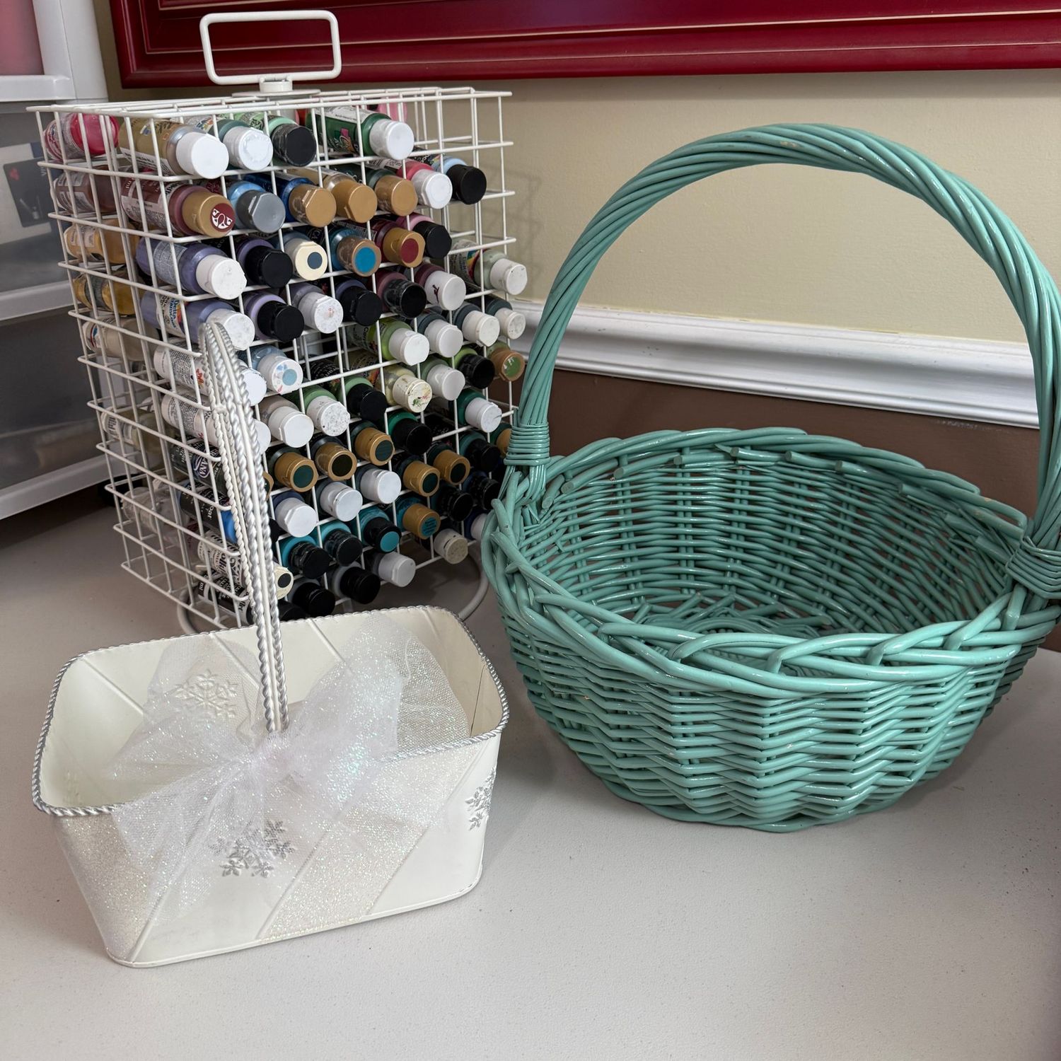 White metal snowflake basket and teal woven basket 17"H