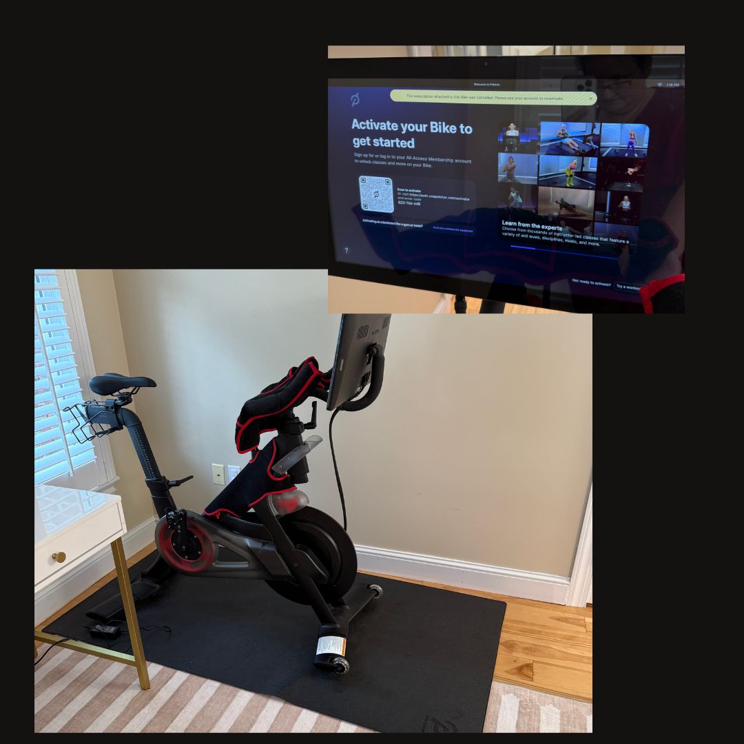 Peloton bike model PLTN-RB1VQ, comes with handle cover, cushioned floor mat, works well