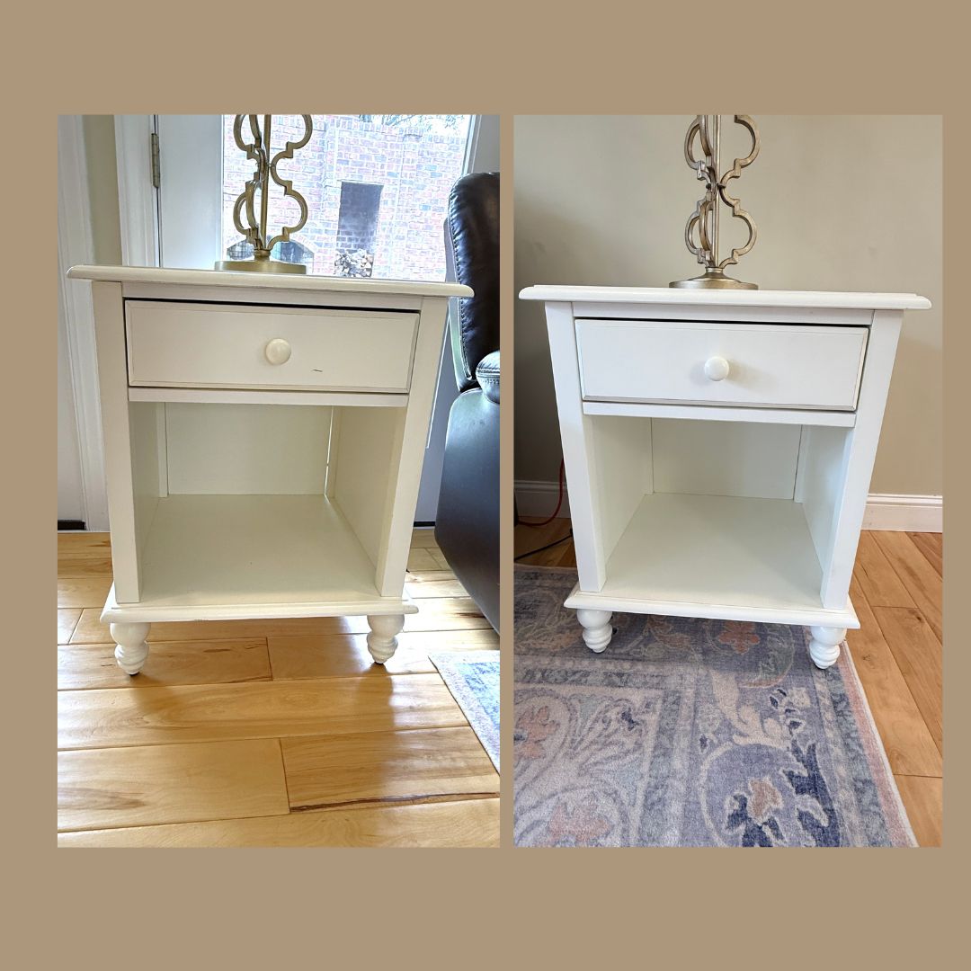Beachy-white pair of side tables with bead board sides and back, minor wear, 26"H x 22"D x 23"W