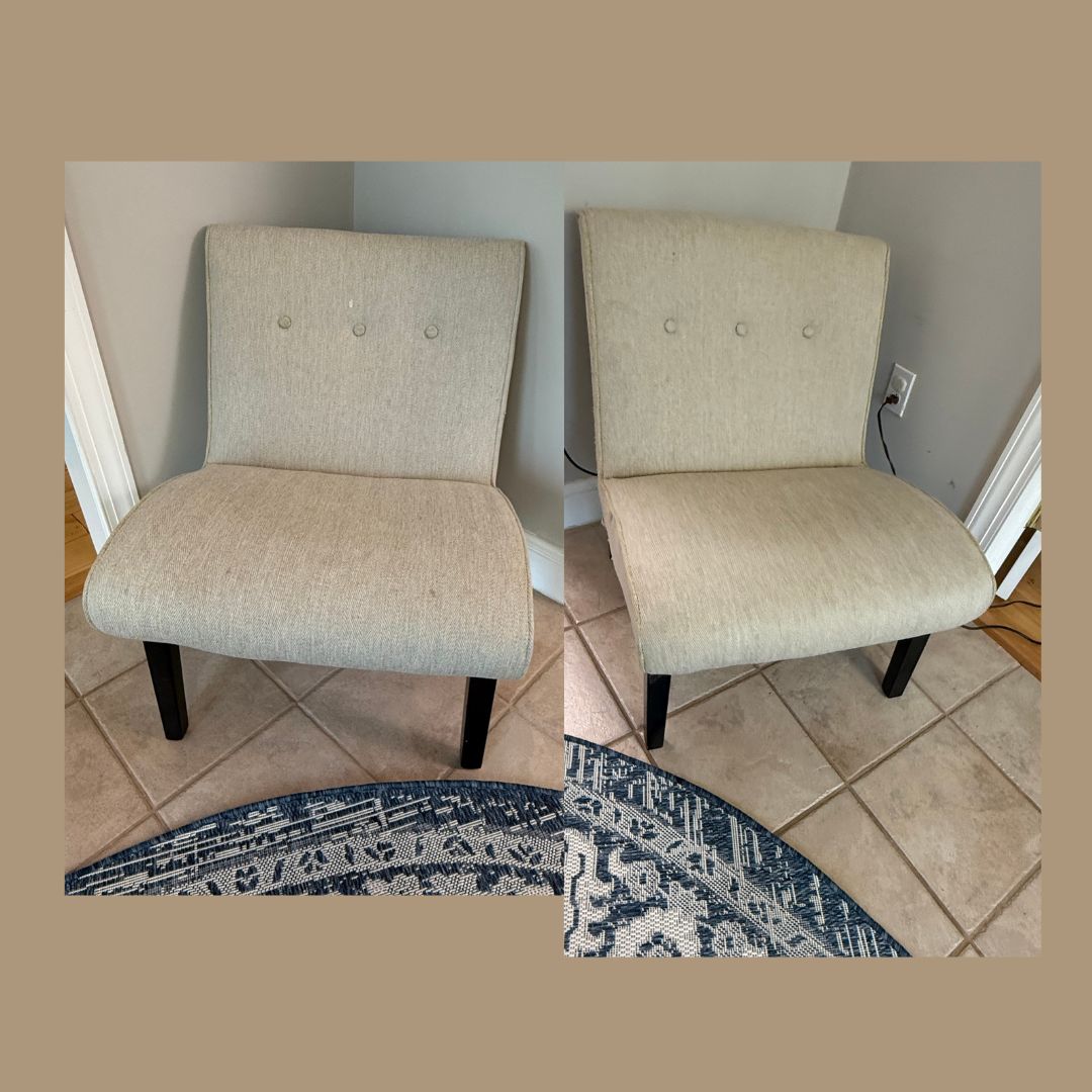 Pair of mid-century styled chairs with tufted back, low seat, minor pulls, and some spots 31"H x 25"W