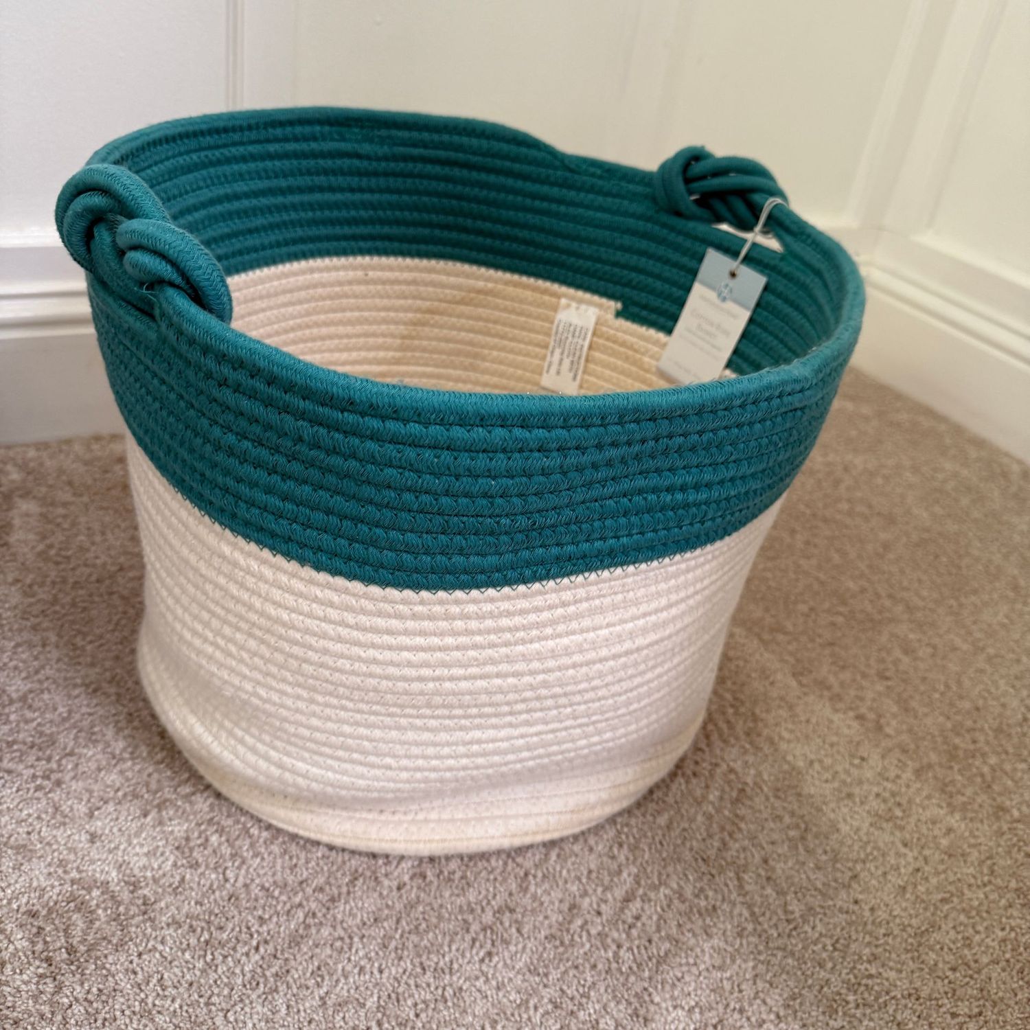 Large teal and cream cotton rope basket, has some spots, needs cleaned, 16" x 13"