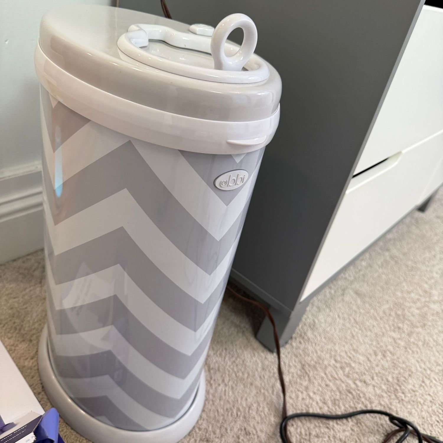 Ubbi grey and white chevron diaper pail with bags