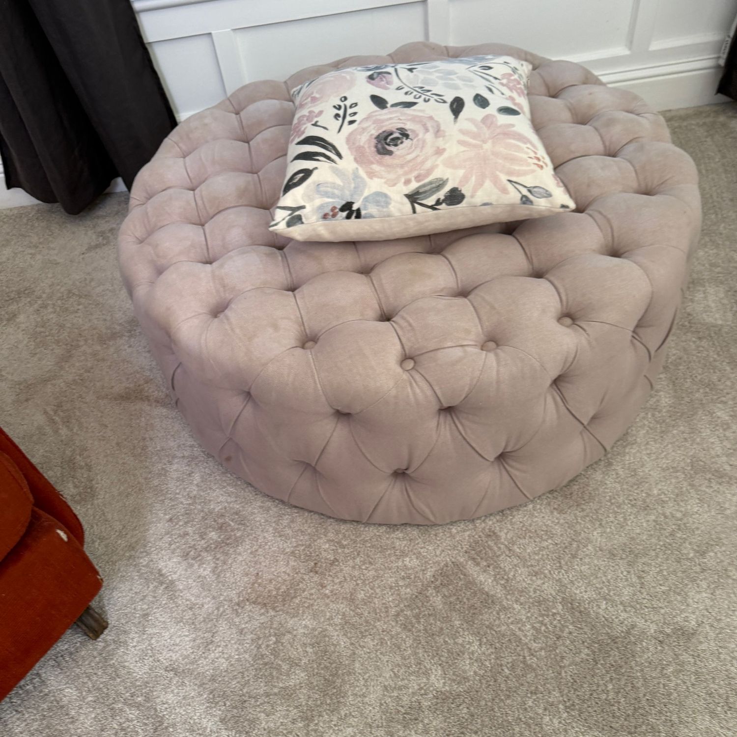 Safavieh tufted ottoman in pale dusty rose, does need surface thoroughly cleaned due to water spots, sturdy fabric 14"H x 36"W