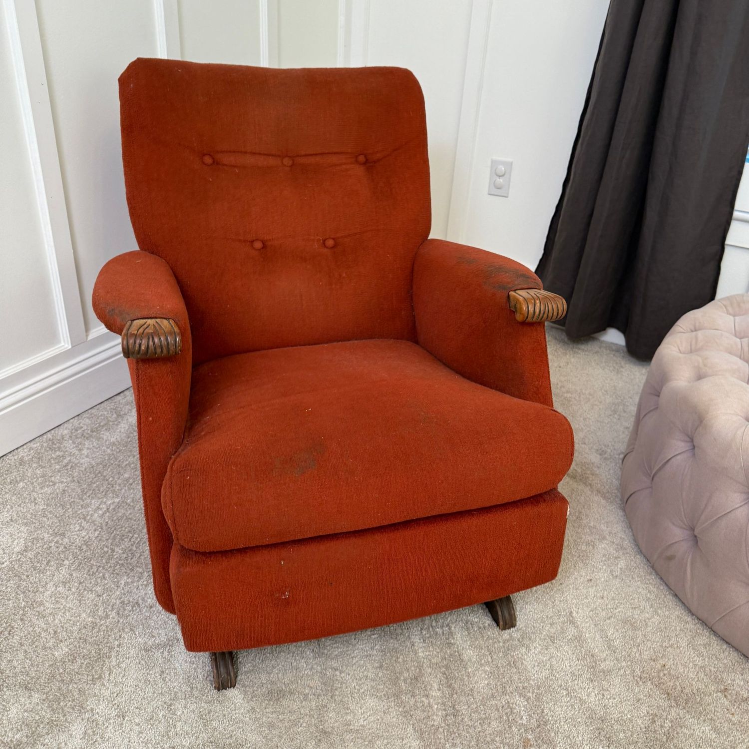 Sturdy tufted back, rocking armchair with wood grips and rail legs, does have some wear, tear, and staining on upholstery, comfortable and rocks smoothly 33"H x 30"D x 28"W