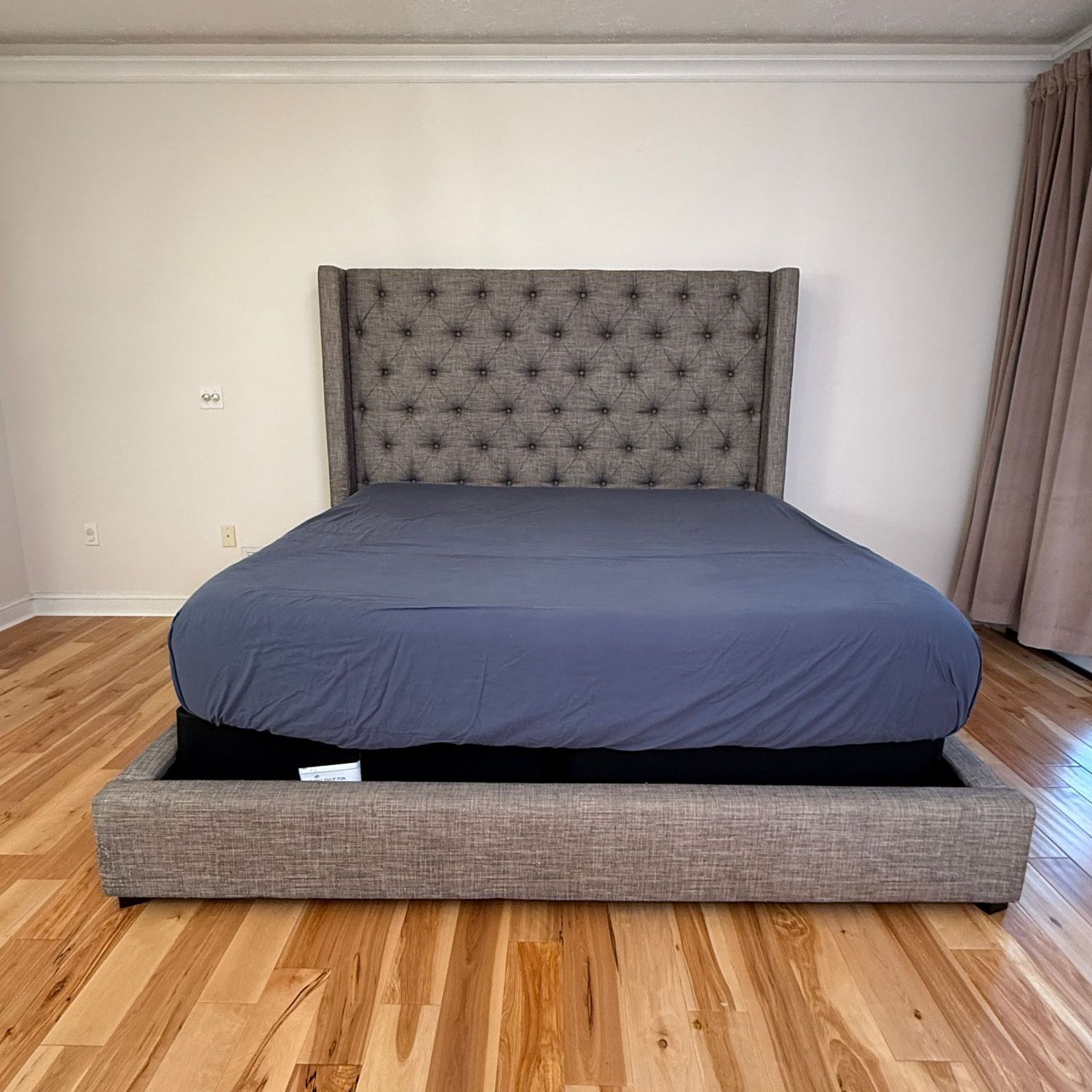 King-size grey tufted high-back bed frame, is very clean, but does have some pulls from a climbing cat on the sides and foot, mattress & box spring available complimentary if desired, 5'7"H x 7'2"W
