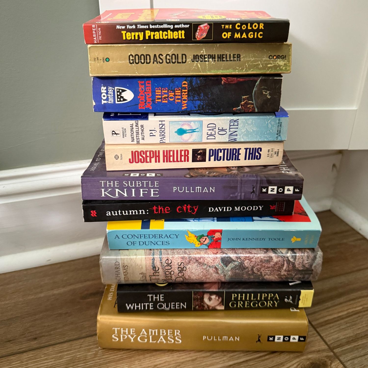 Group of books including Good as Gold and The Amber Spy Glass