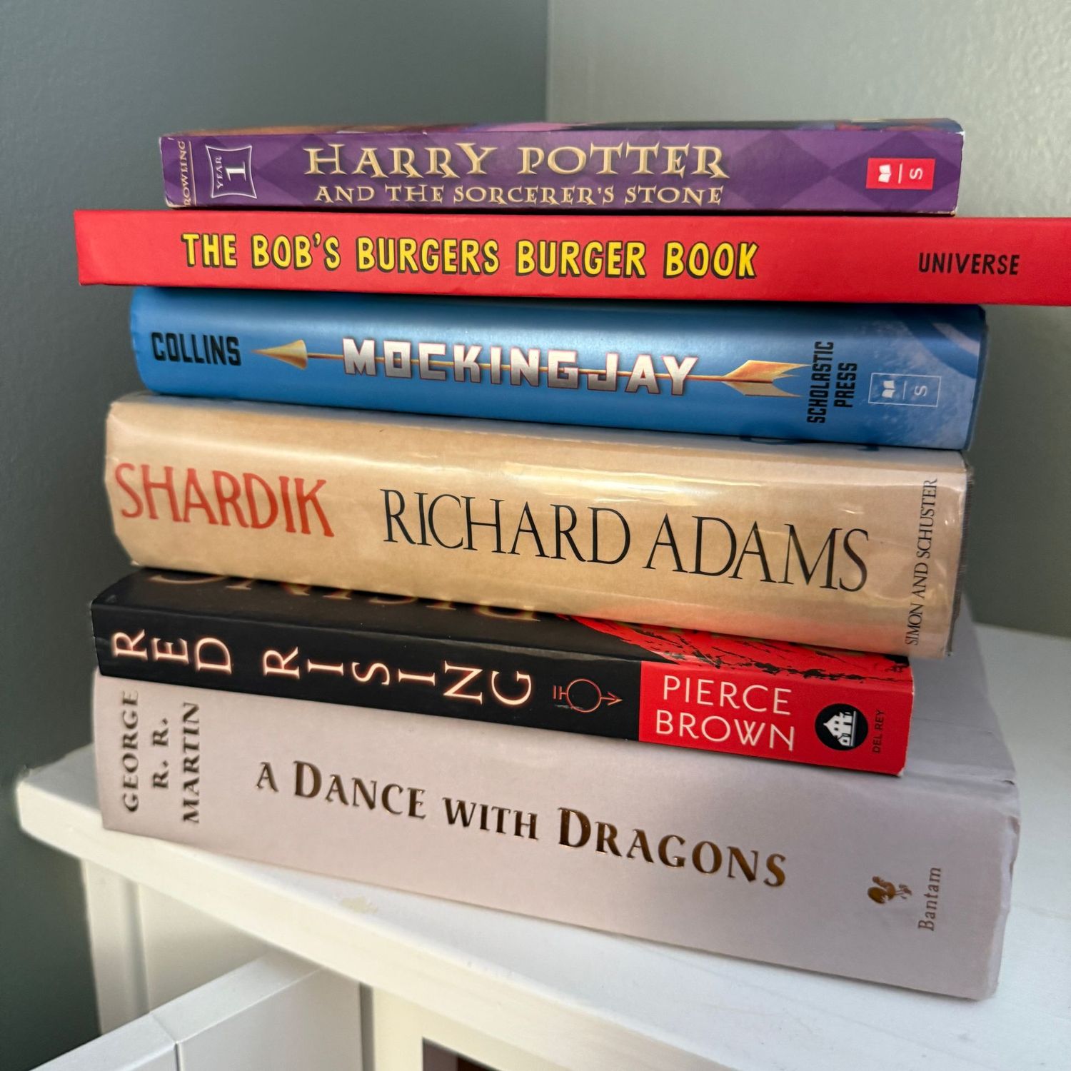 Group of books including Mocking Jay and A Dance with Dragons