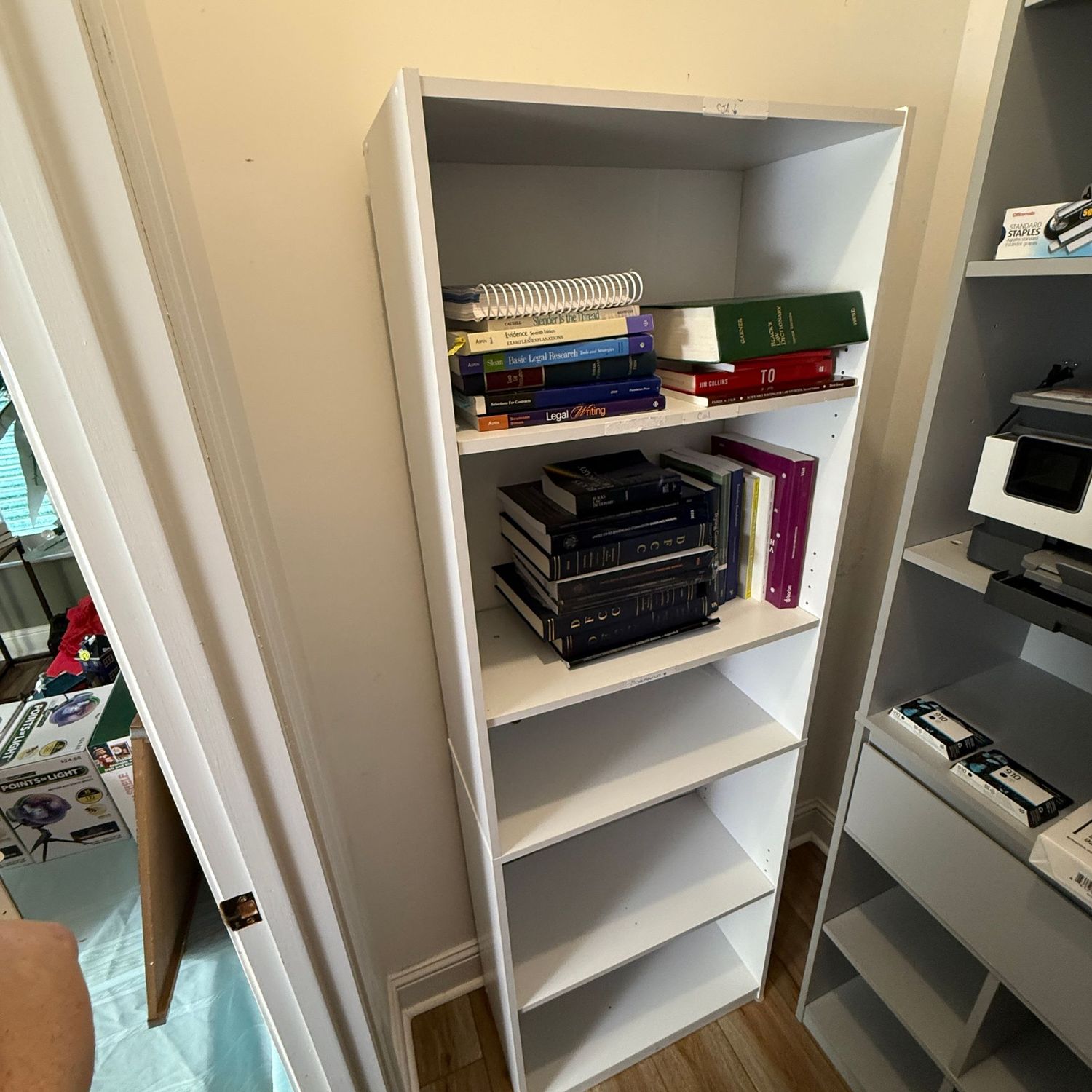 White laminate bookshelf, adjustable shelves, some wear & stickers (L)  5'9"H x 12"D x 24"W