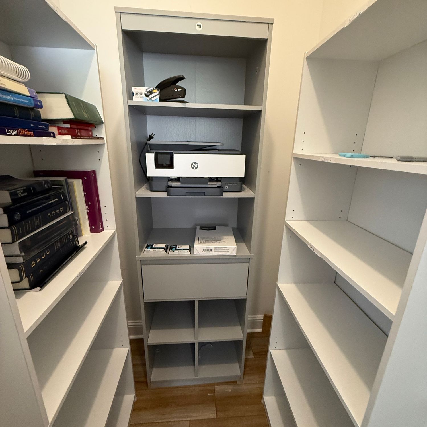 Grey Laminate bookshelf with drawer, deep storage, some wear, 6'5"H x 24"W x 14"D