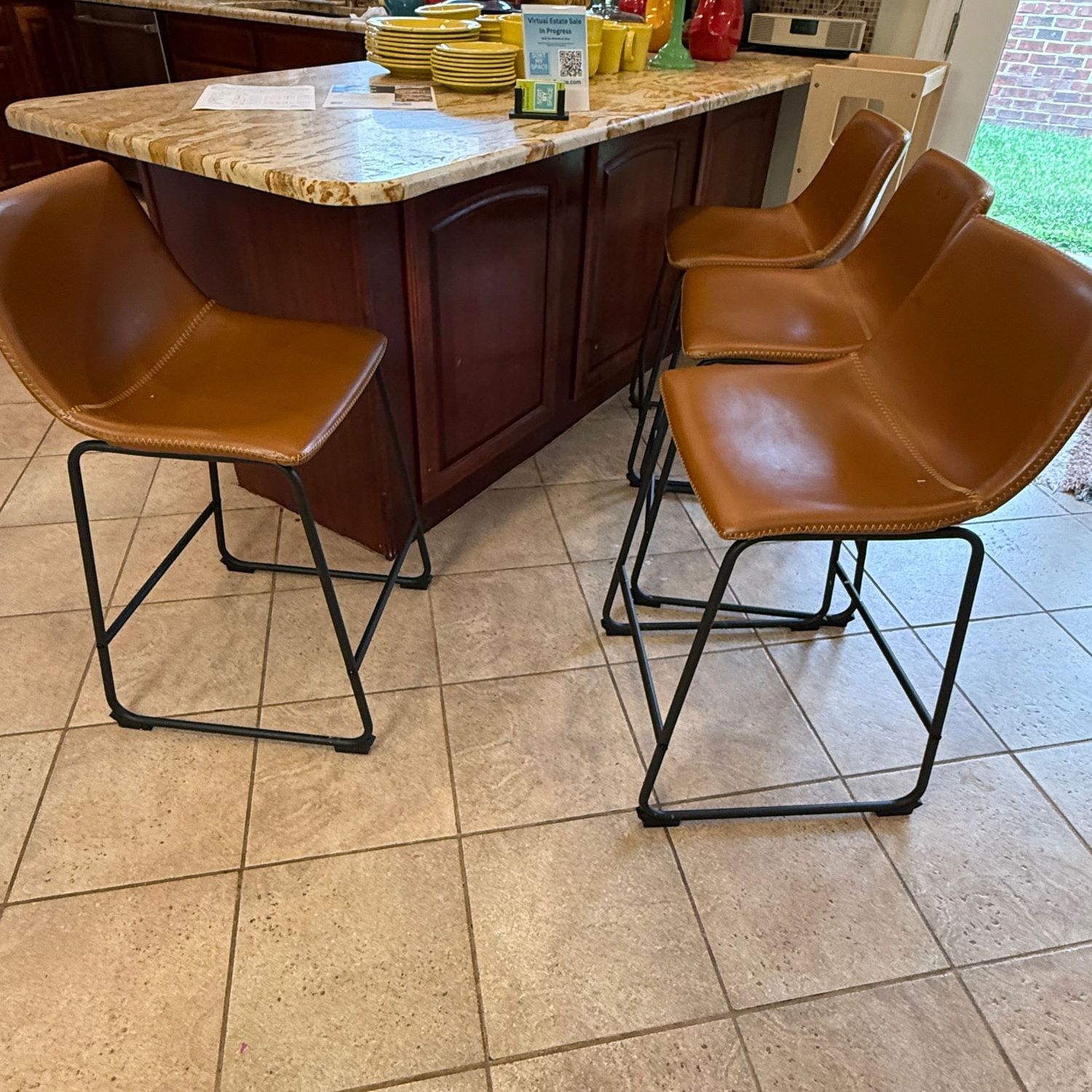 Set of 4 bar-height golden-brown stools, a few wear areas and minor spots, 30"H, and seats are 17"W