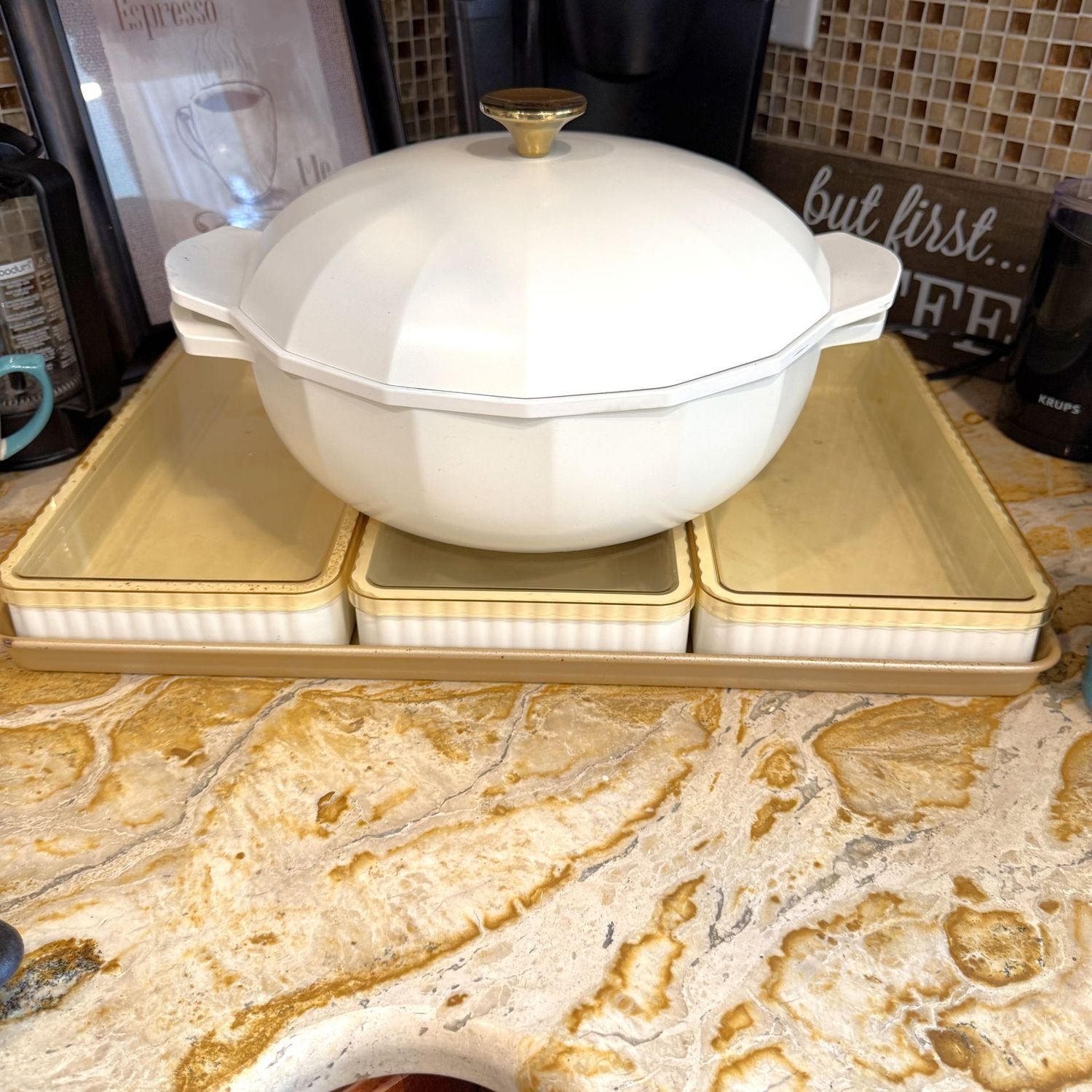 Christy Tiegen Cravings silicone bakeware with storage lids, 18" x 11" sheet pan, and steamer dutch oven casserole, minor cleanable spots to several pieces