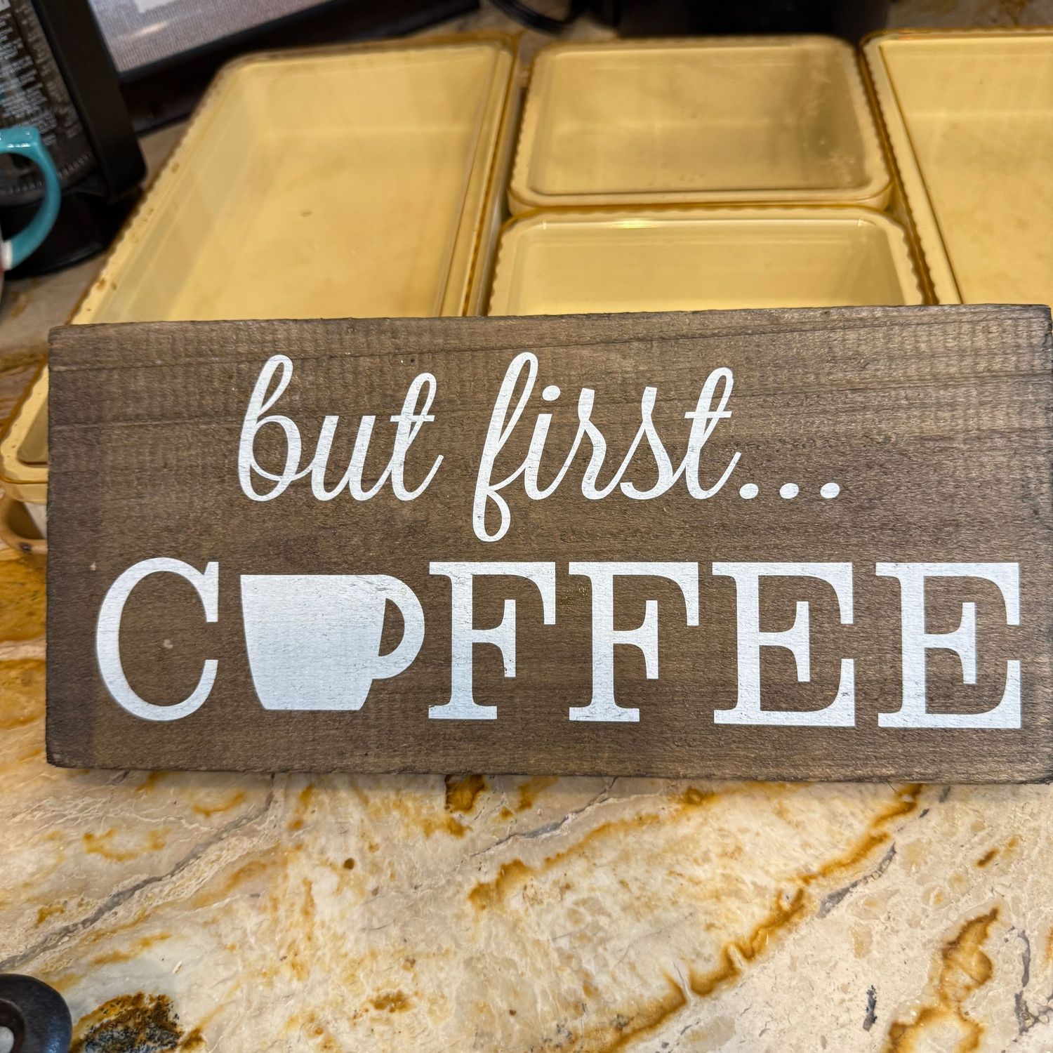Sincerely Sunshine 'but first Coffee' wooden plaque 12" x 6"