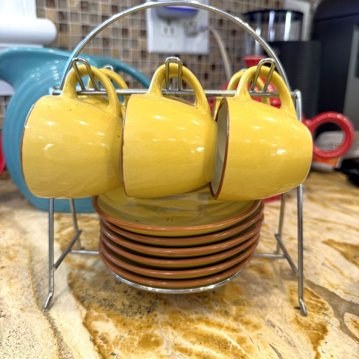 Imusa yellow espresso cup and saucer set with stand
