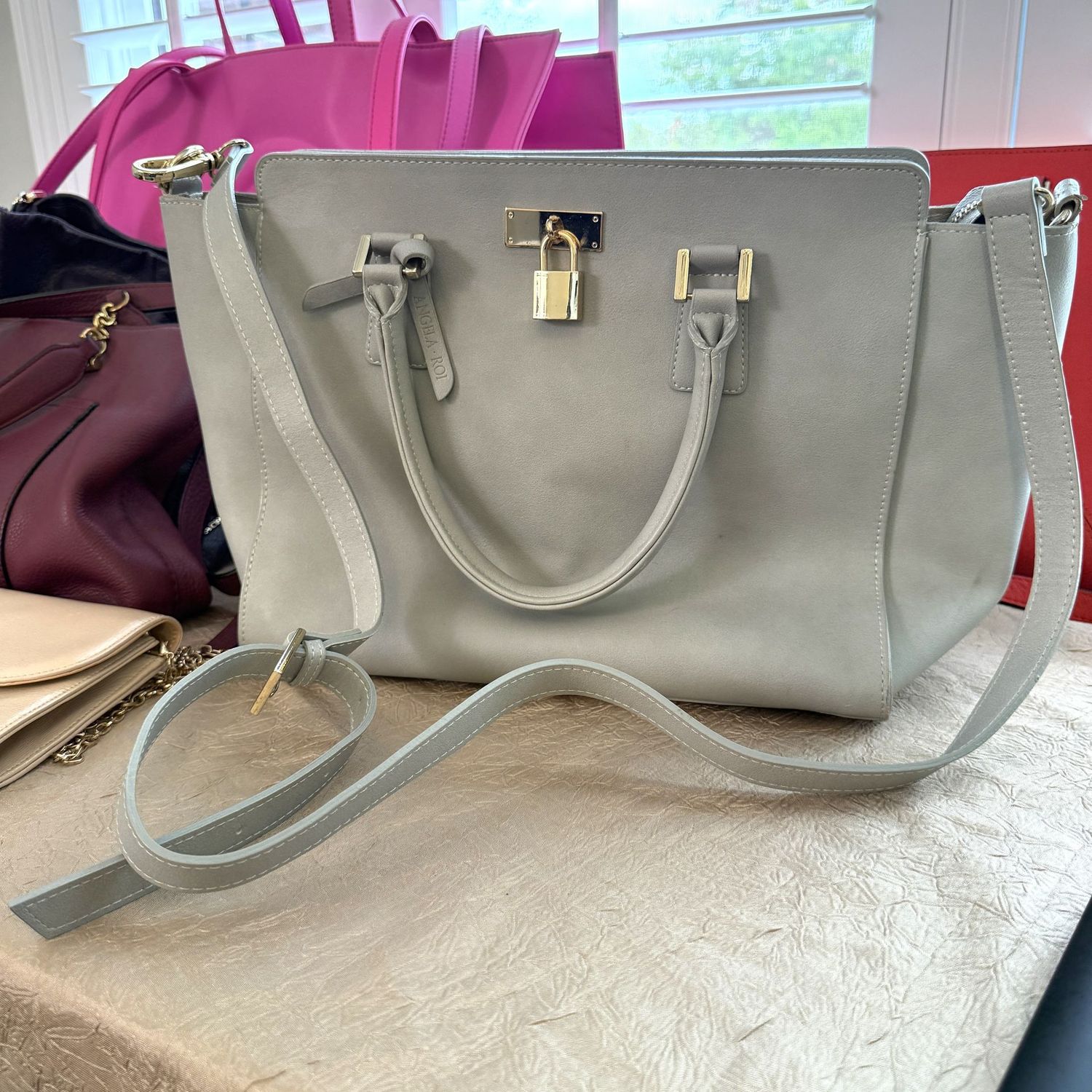 Angela Roi vegan grey/tan purse, minor cleanable spots outside and inside on liner 10"H x 12"W