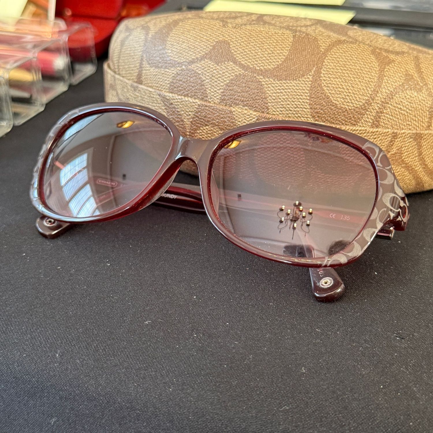 Coach Libby Burgundy sunglasses, case shows some wear inside, glasses in good condition