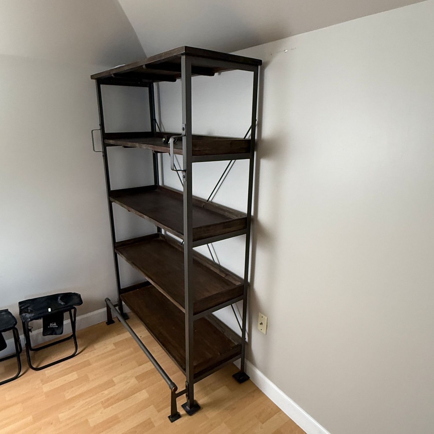 Industrial-style shelf unit with metal construction and wood shelves, very nice condition  (This item is upstairs) 24"D x 40"W x  72"H