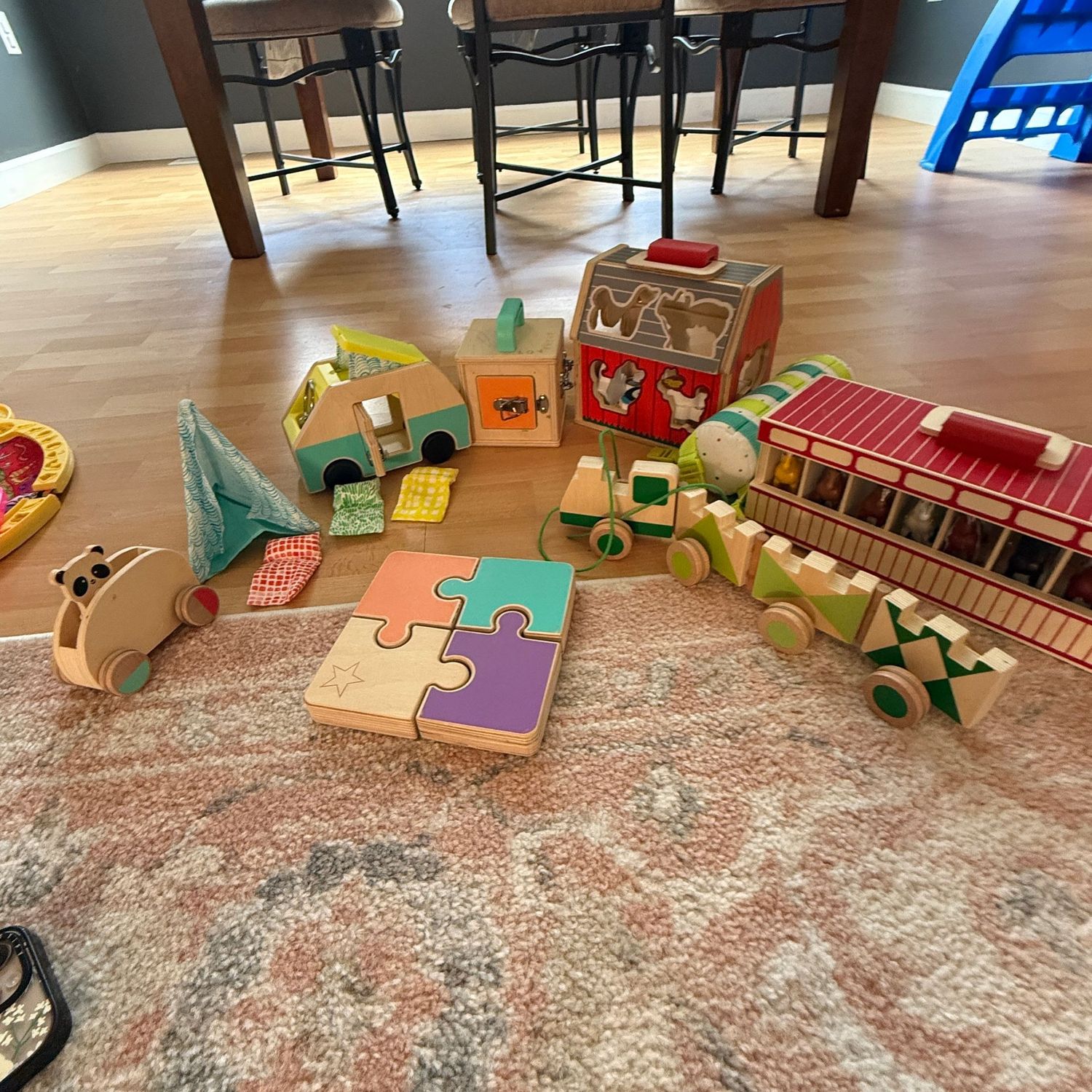 Small group of wooden toys, mostly complete sets, some are love very