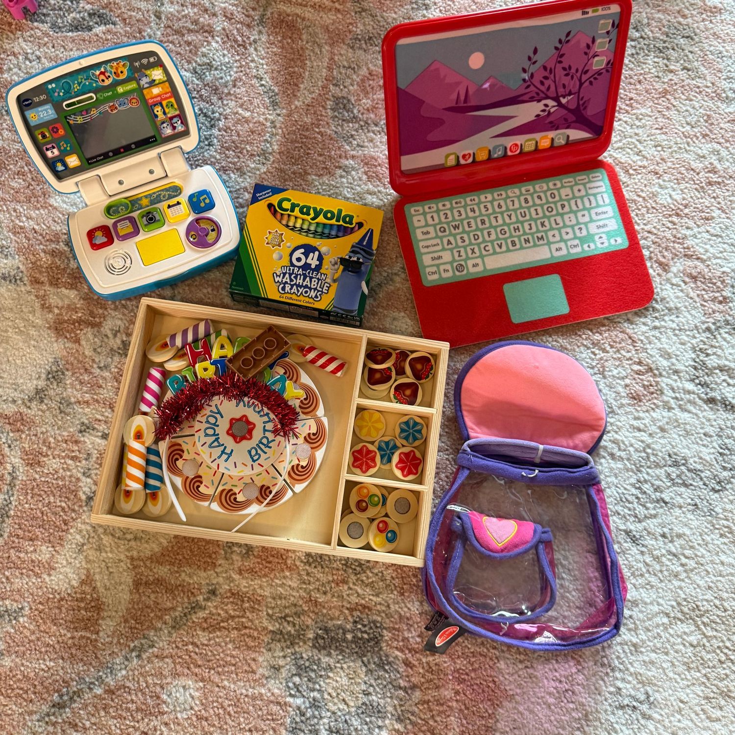 Fun acitivity toys with pretend laptops, birthday cake game and nice pack of crayons
