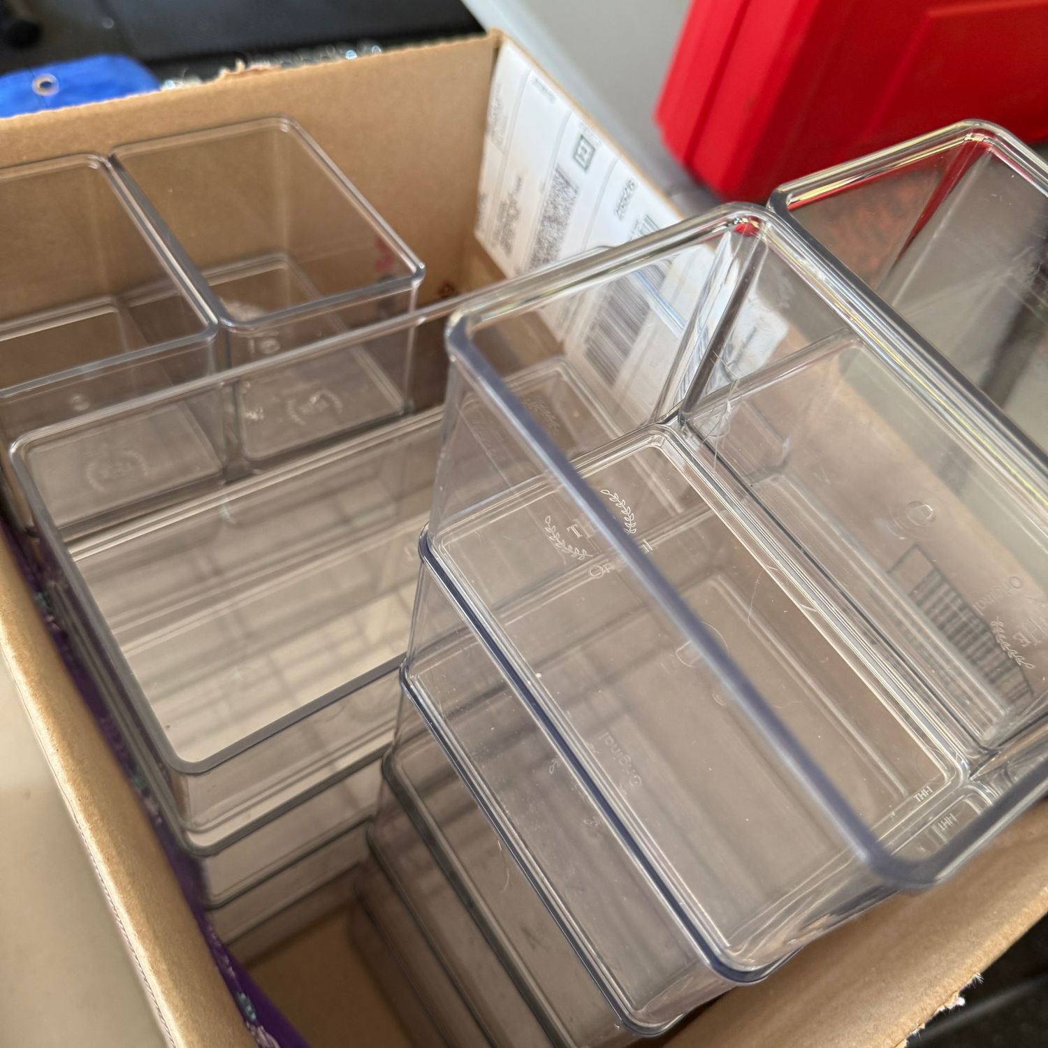 The Original clear plastic storage boxes, perfect for makeup and drawer organizing, most are unused and 3-6"L