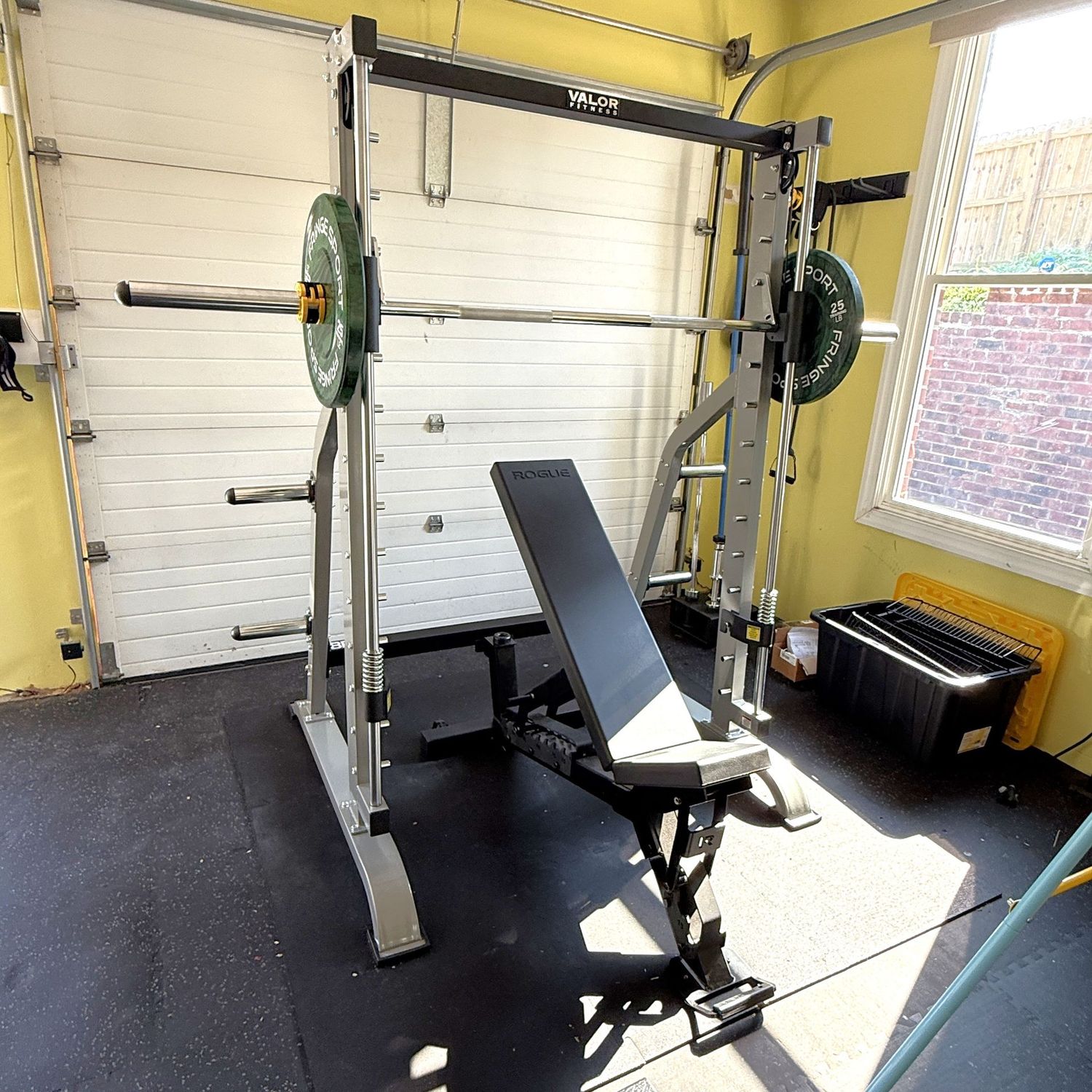 Valor Fitness weight lifting stand with a Rogue adjustable seat and fringe weights 4'4"L x 4'5"W x 6.8"H