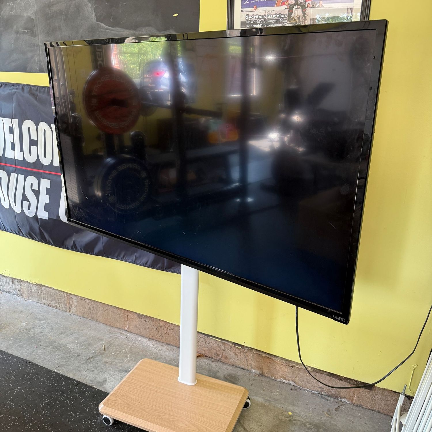 Flat Screen TV on rolling adjustable stand, Viseo, works well, with controller, 50"