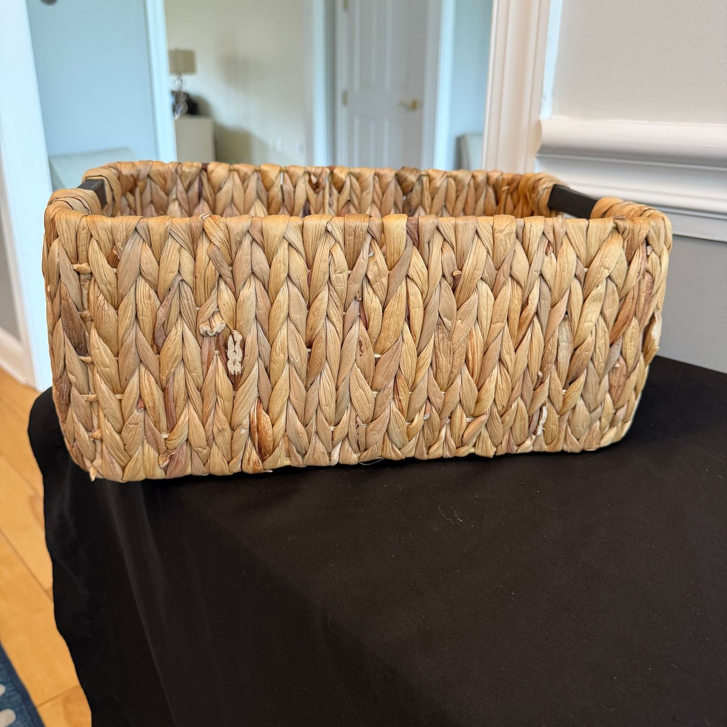 Braided hyacinth basket, minor wear, 6"H x 15"L x 10"W