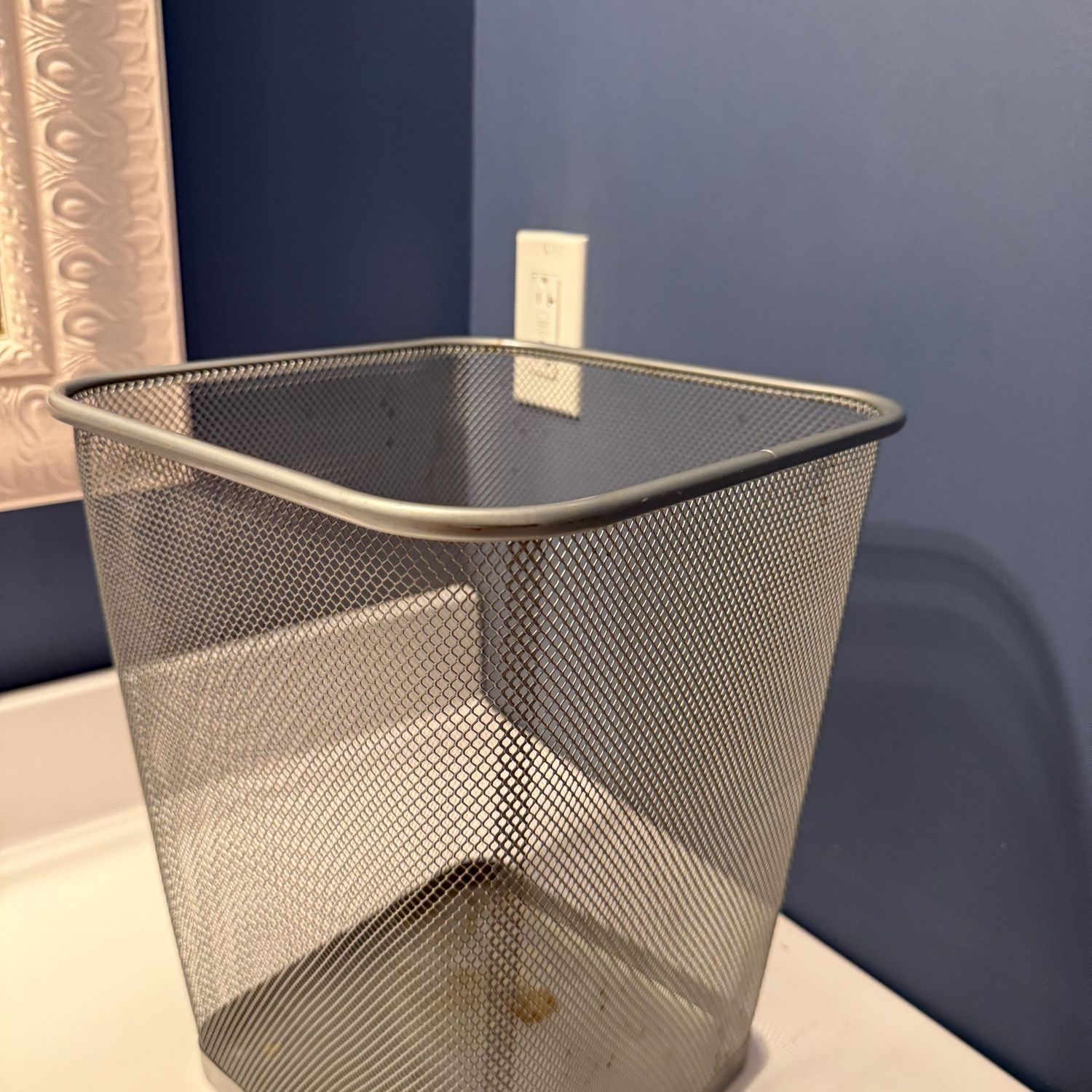 Wire mesh waste basket, minor spots inside bottom 8"W x 13"H