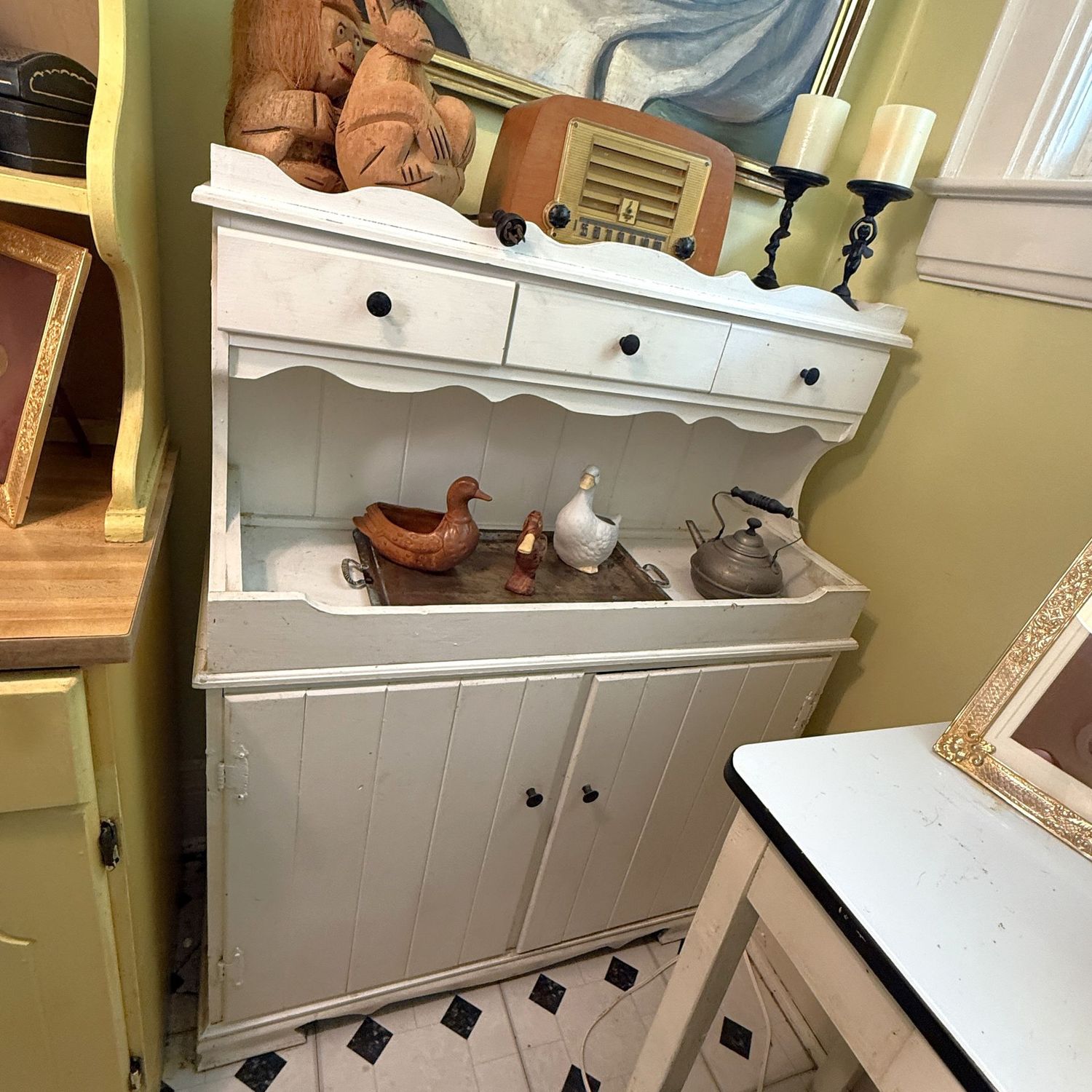 Vintage dry sink with drawers and lower cabinets, ready for a repaint, 44"H x 36"W x 16"D