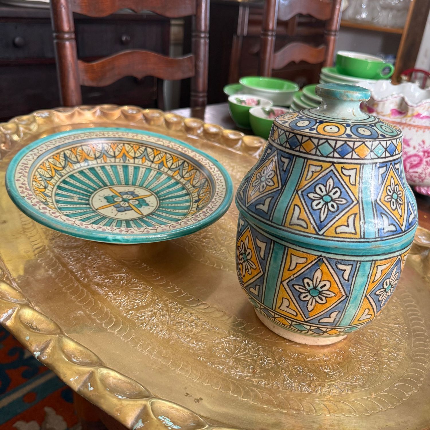 Hand-painted polychrome Moroccan tall covered 9" jar (Jobbana pot) and coordinating 10" round dish