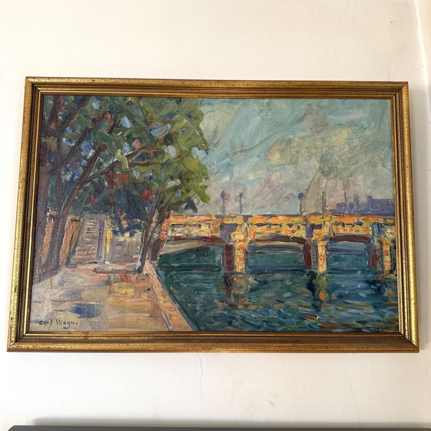 Waterfront landscape painting on canvas Carl Wagn. (Carl Wagn. Dahl Christensen (1899-1952, Dutch) 20” x 29”