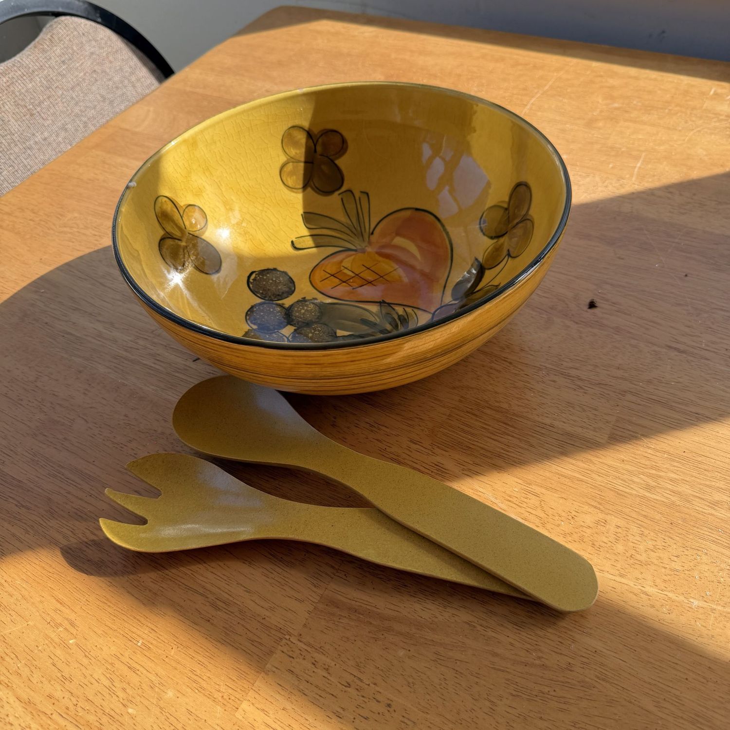Yellow ceramic salad bowl with utensils, 11 Yellow ceramic salad bowl with utensils, 11"W