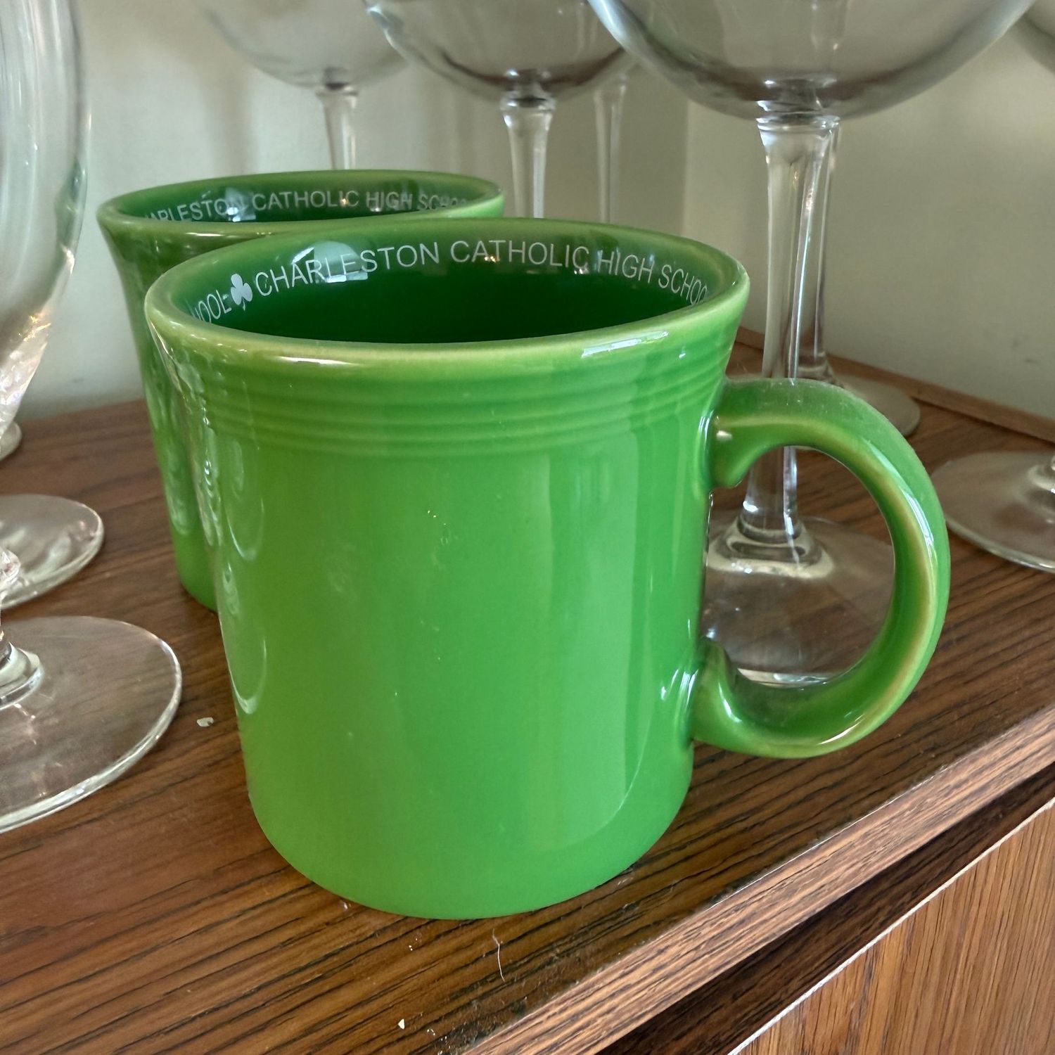 Pair of green Fiestaware Charleston Catholic High School coffee mugs Pair of green Fiestaware Charleston Catholic High School coffee mugs