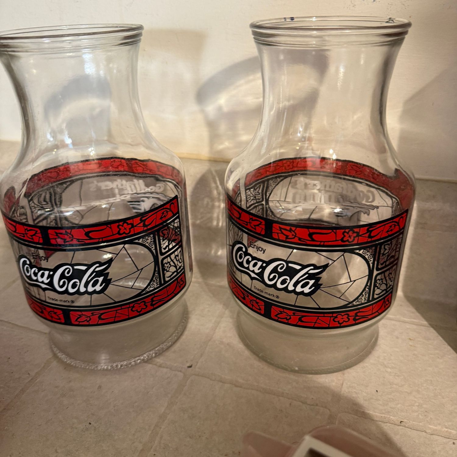 Pair of Coca-Cola Godfather's Pizza water pitchers Pair of Coca-Cola Godfather's Pizza water pitchers