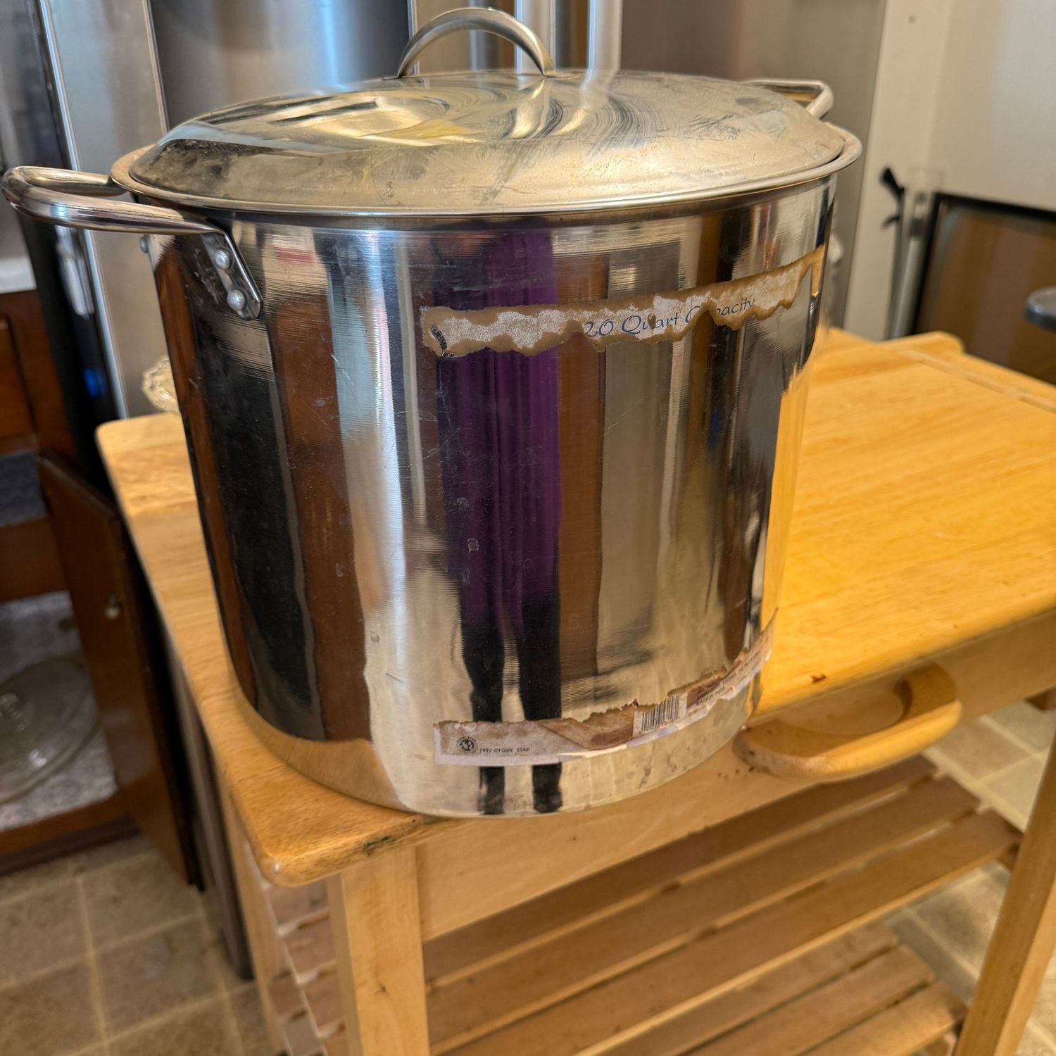 Large stainless steel stock pot, some wear, 12 Large stainless steel stock pot, some wear, 12"H