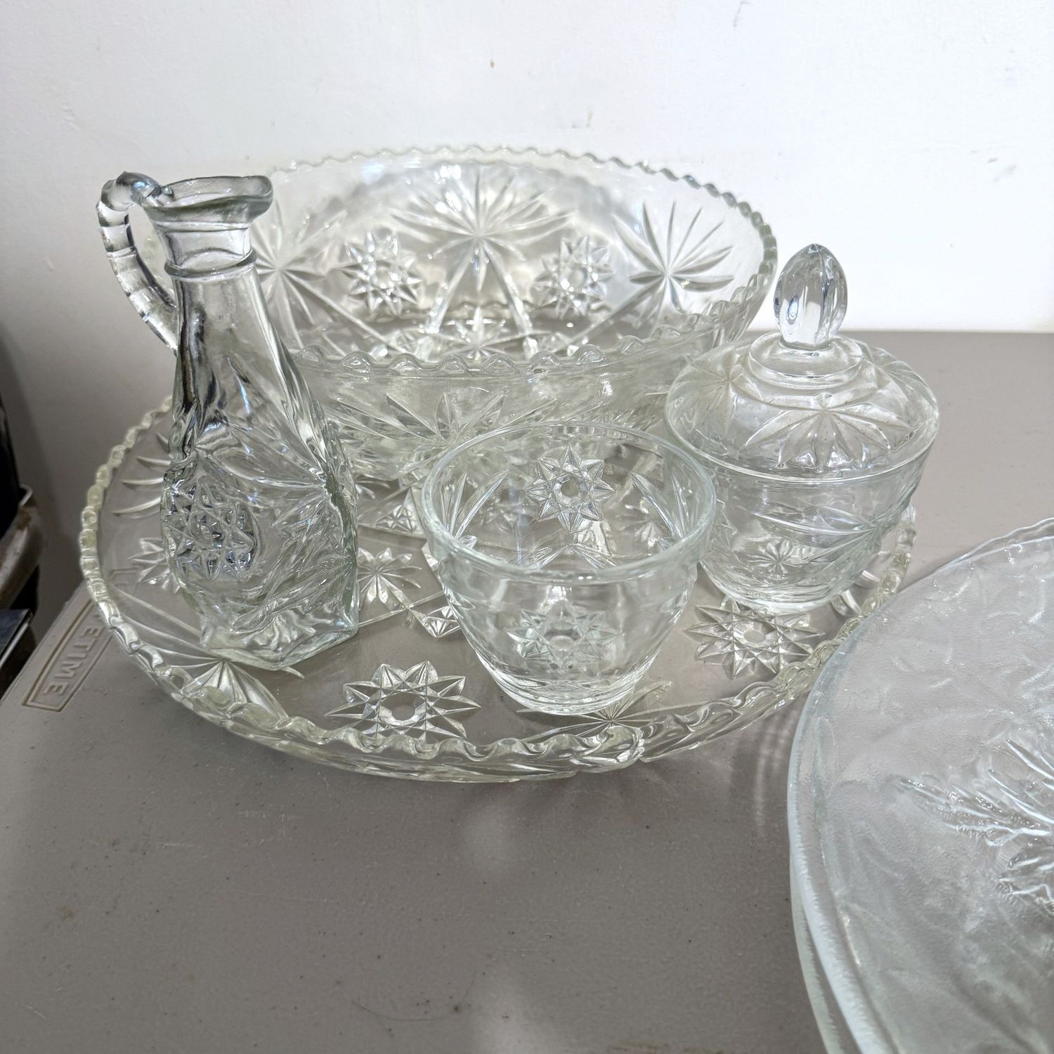 Group of Anchor Hocking Star of David cruet, sugar, creamer, bowl, and 14 Group of Anchor Hocking Star of David cruet, sugar, creamer, bowl, and 14" platter