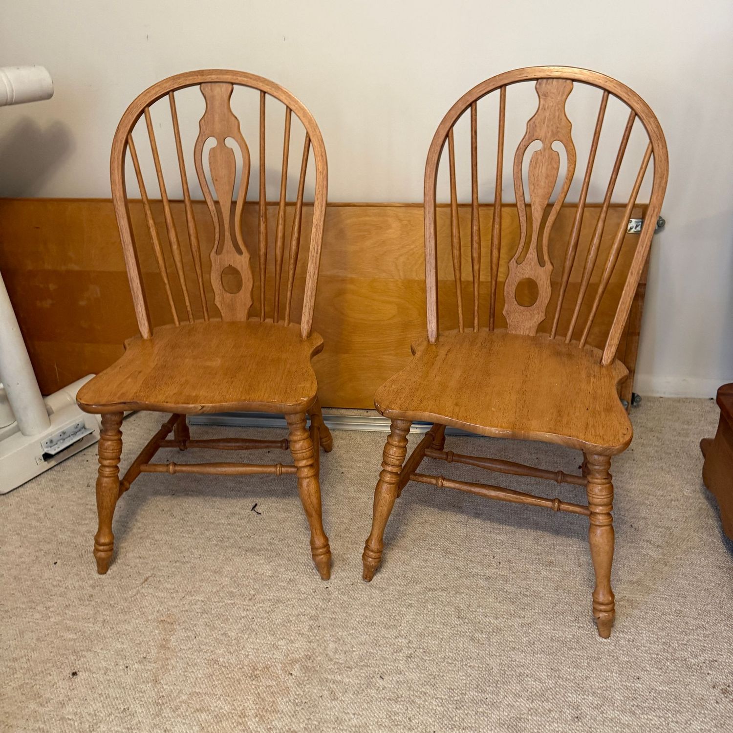 Two oak side chairs, some wear, 46 Two oak side chairs, some wear, 46"H