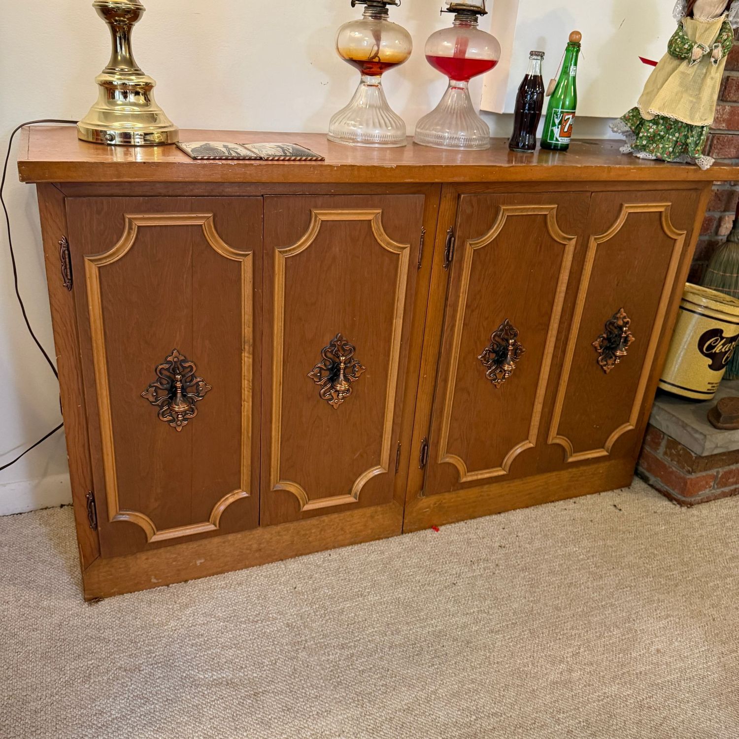 Vintage storage cabinet, credenza, some wear, some scratches, spot on top near back, 31 Vintage storage cabinet, credenza, some wear, some scratches, spot on top near back, 31"H x 13"D x 52"L