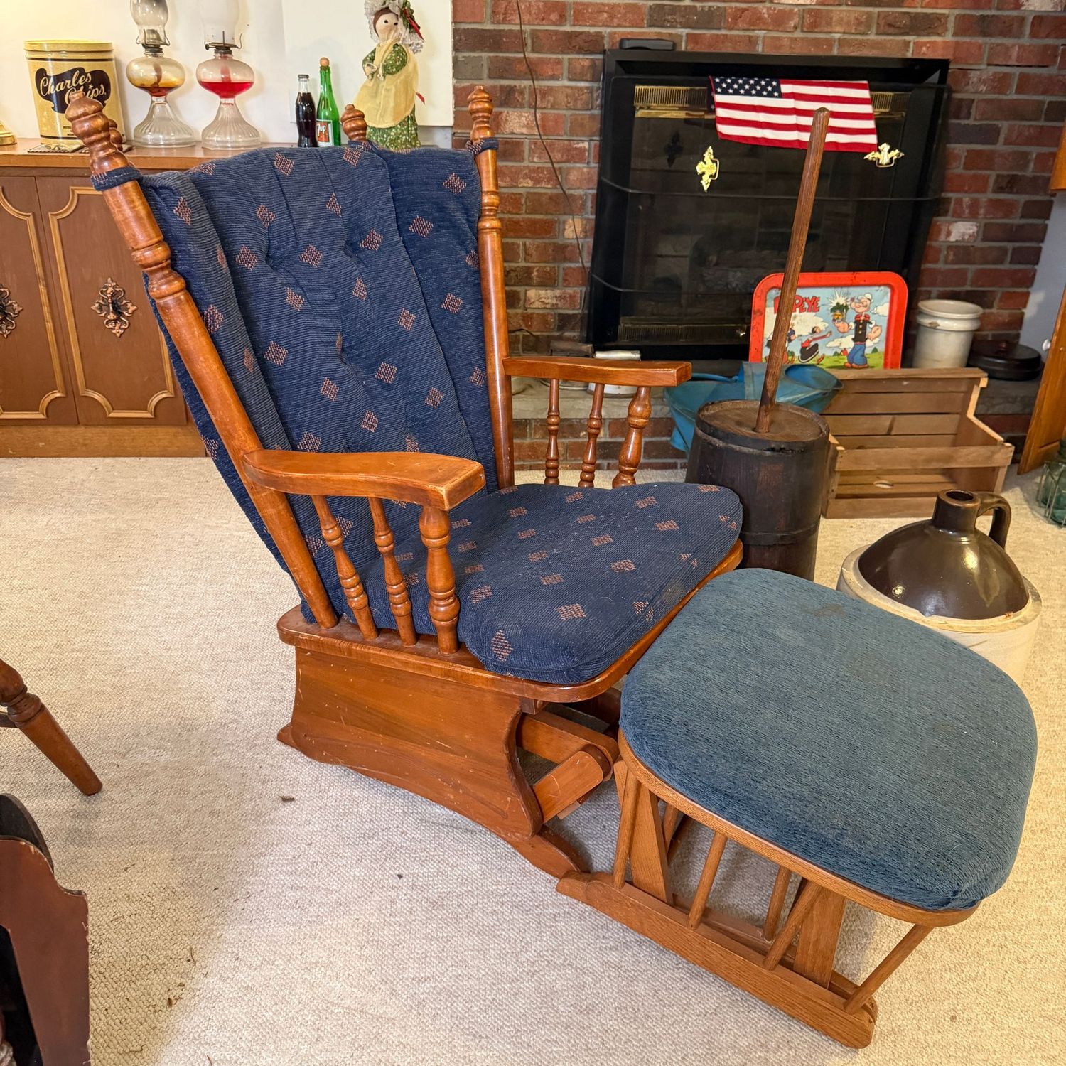 Glider rocker with wide fan back, comes with coordinating ottoman (fabric on ottoman needs some cleaning)