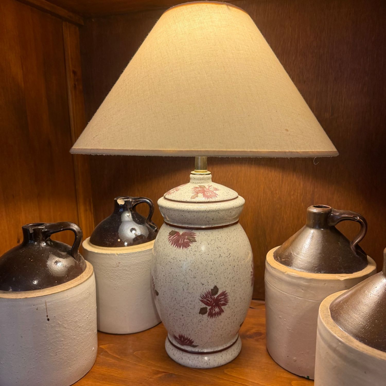 Ceramic lamp with dark red flowers, 24 Ceramic lamp with dark red flowers, 24"H x 16"W