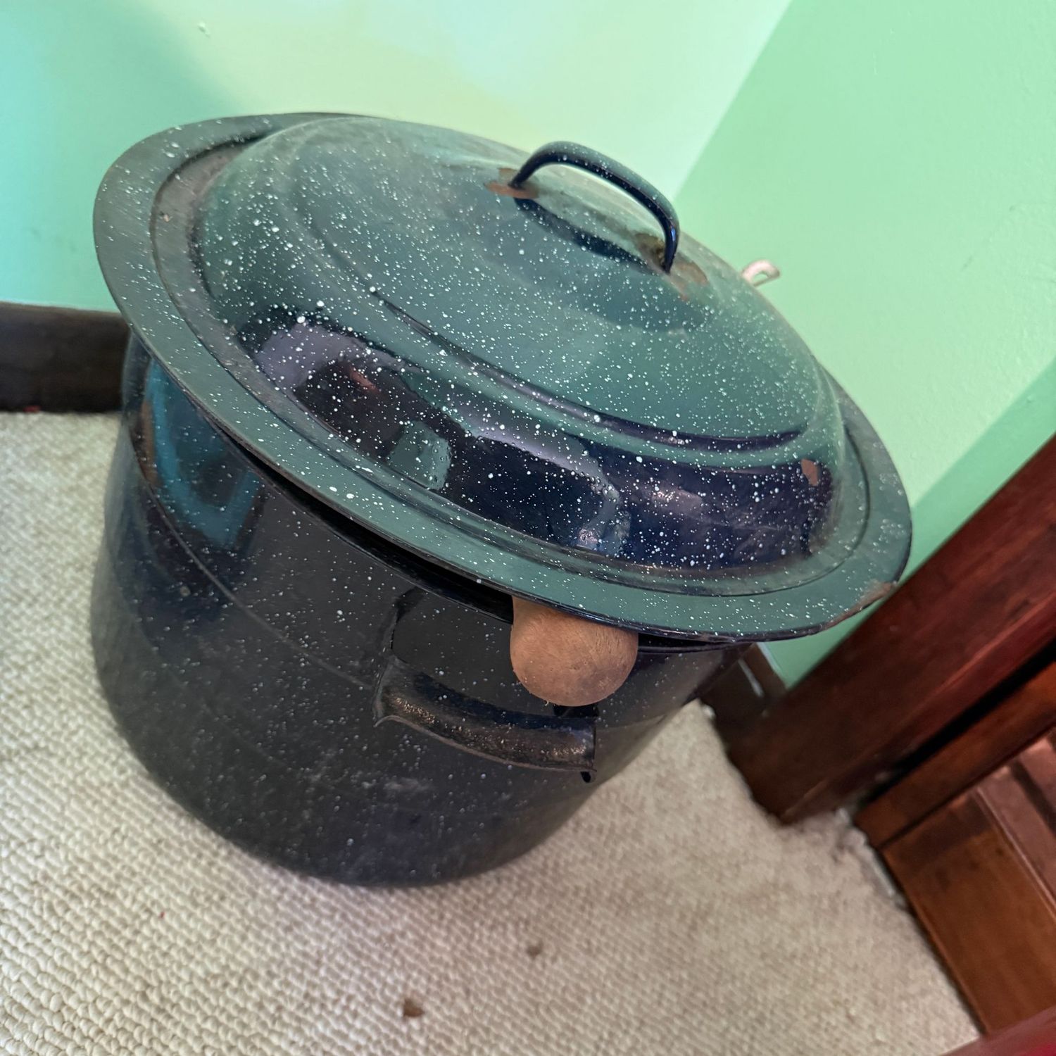 Vintage enameled pot with jelly making supplies Vintage enameled pot with jelly making supplies