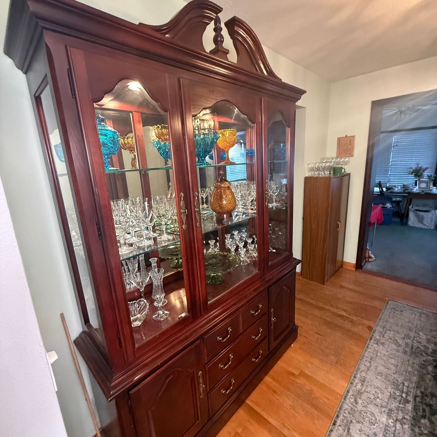 Thomasville Impressions two-piece lighted china display cabinet with glass shelves, minor scratches, 7'H x 58 Thomasville Impressions two-piece lighted china display cabinet with glass shelves, minor scratches, 7'H x 58"W x 18"D