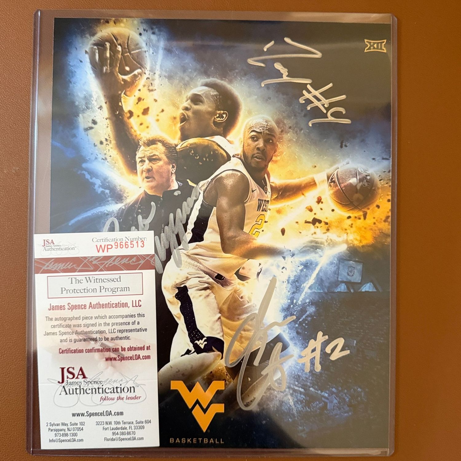 Autographed 8x10 #49 Jevon Carter, Bob Huggins, Daxter Miles, JSA certified